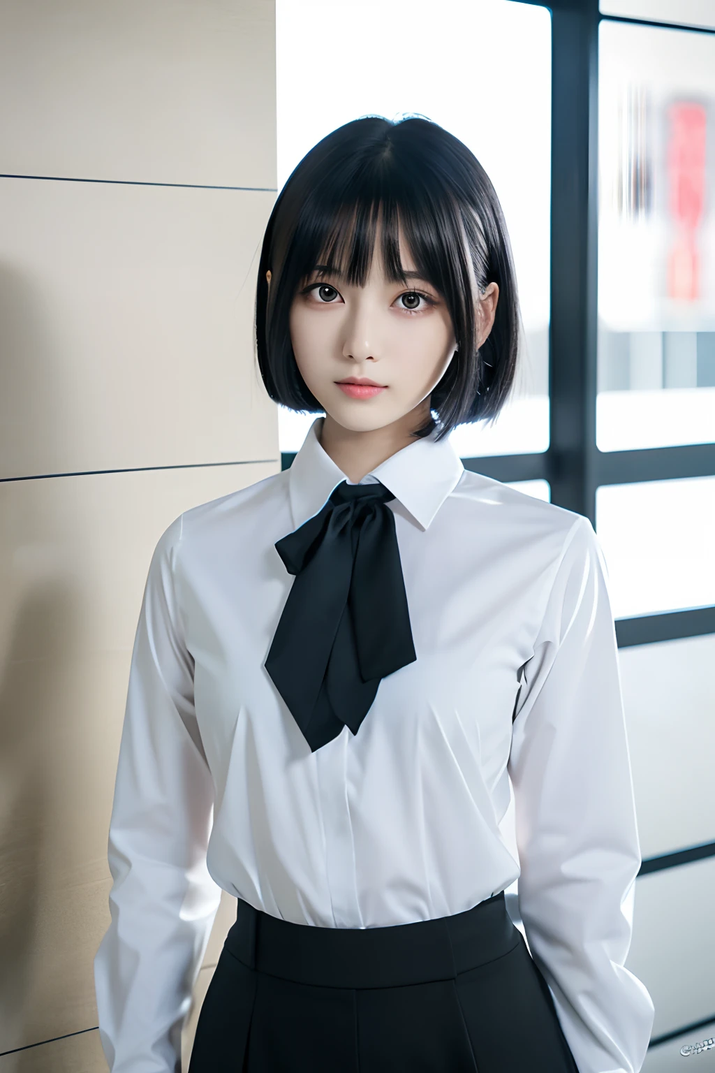 (1girl in), Japan at 25 years old,Medium head of black hair, Amazing face and eyes, Black tie,White shirt with long sleeves,Black pants,((Best Quality)), (Ultra-detailed), (extremely detailed CG unified 8k wallpaper), Highly detailed, High-definition raw color photos, Professional Photography, White background,Full body photo standing
