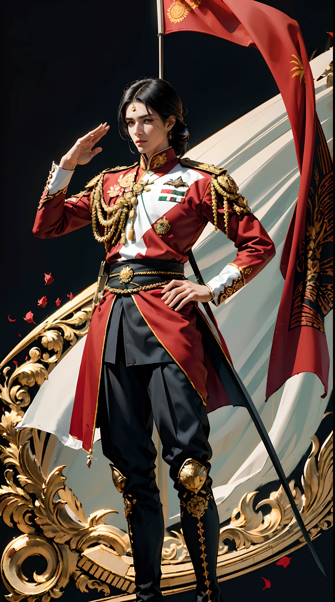 (((Indonesian flag red and white ))) Royal man, (((elegant pose)))young noble man, black hair,tie hairstyle. light blue eyes, tall and handsome body posture, handsome face, European nobleman, black noble uniform, His shirt has a royal Arabian sword logo on it. pose holding a rose while saluting the nobleman, Palestinian battlefield background . HD color and balance, dark atmosphere with many effects. (((Black rose))).((indonesian flag background) (((batik effect on the uniform)