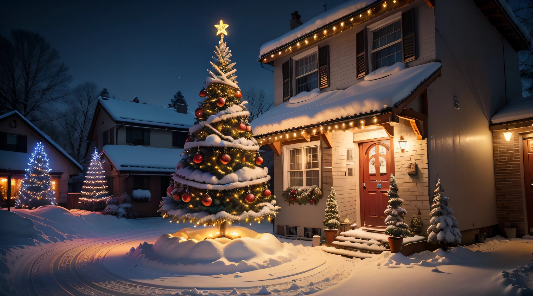 Bright atmosphere,True exposure,Ray traching,Excellent image quality,Christmas,Christmas tree,pompon,bell,Luminous colored light bar,outside,Chilling,Christmas decorations are hung on the wall,snowflower