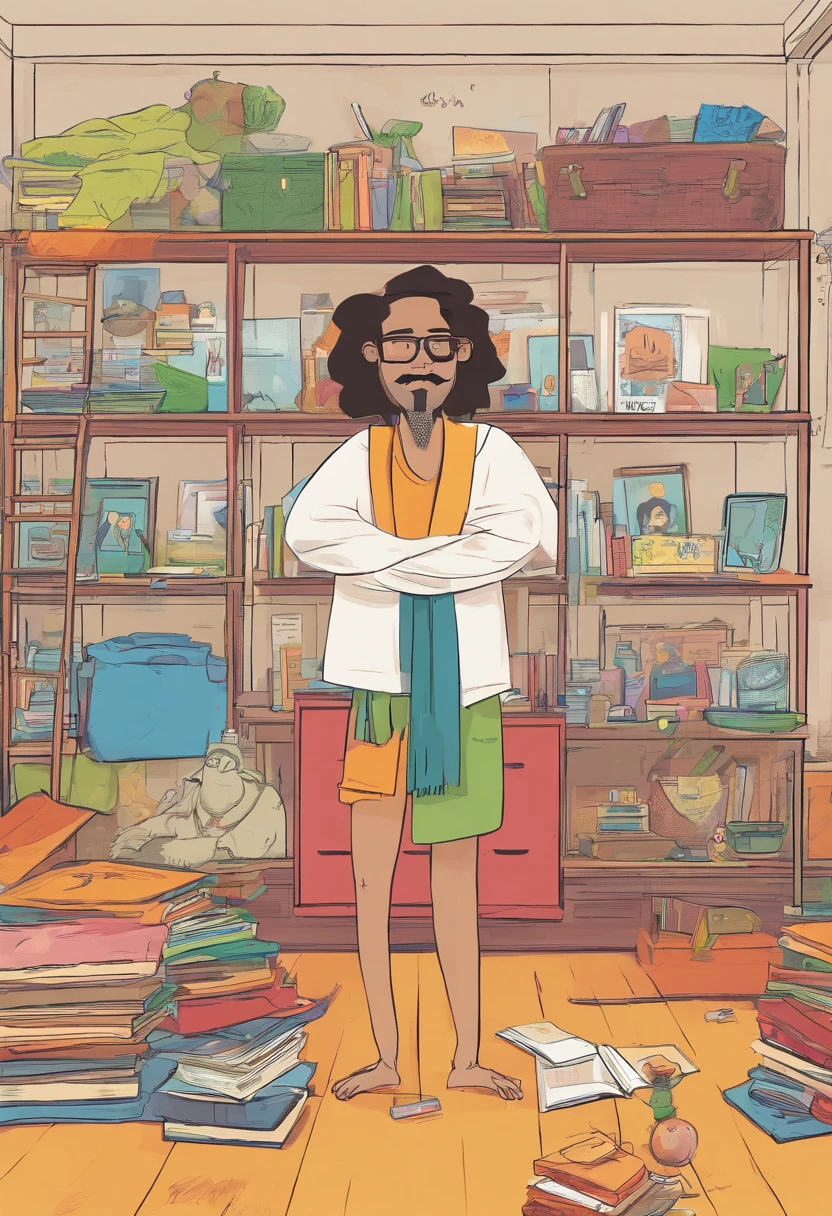Criar um cartaz de filme com o nome "Pedro", Estilo Disney Pixar Com um homem com muito curto, cabelos loiros cinzas. rosto fino. preto, square prescription glasses and a black T-shirt. arms crossed, olhos verdes acinzentados, com um pouco de barba e bigode da mesma cor do cabelo. In a white room with several bunk beds.