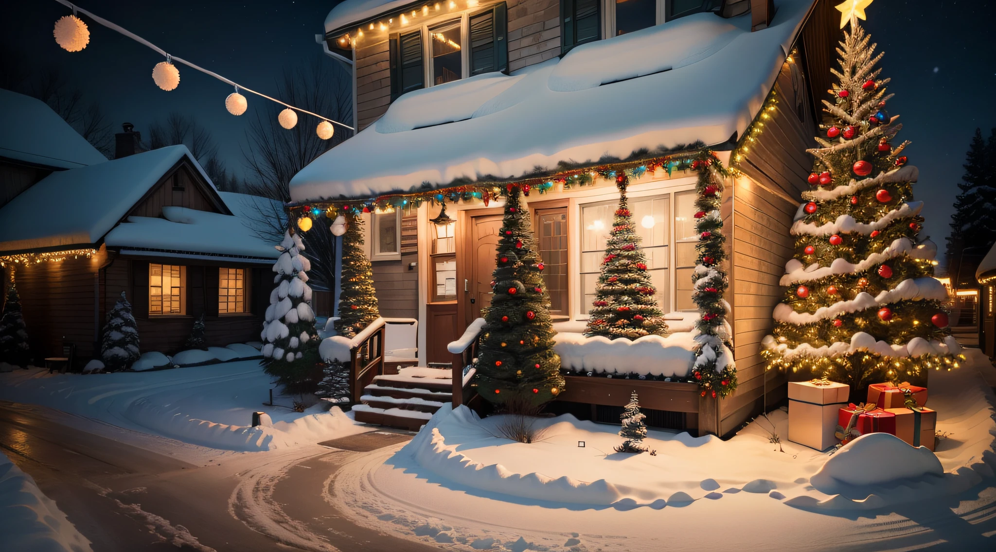 Bright atmosphere,True exposure,Ray traching,Excellent image quality,Christmas,Christmas tree,pompon,bell,Luminous colored light bar,outside,Chilling,Christmas decorations are hung on the wall,snowflower
