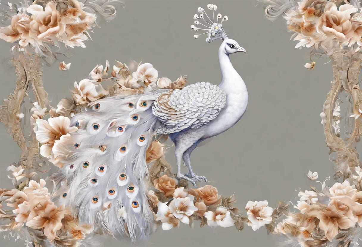White peacock with flowers on the branches, beautiful and graceful, Beautiful and elegant, Detailed beautiful tail, 8K high quality detailed art, peacock, peacock colors, Peacock in the desert, peacock. Intricate, blue phoenix bird, beautiful animal pearl queen, Beautiful design, beautiful art, Stunning beautiful