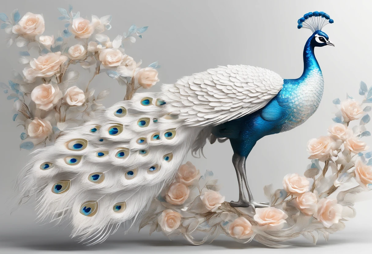 White peacock with flowers on the branches, beautiful and graceful, Beautiful and elegant, Detailed beautiful tail, 8K high quality detailed art, peacock, peacock colors, Peacock in the desert, peacock. Intricate, blue phoenix bird, beautiful animal pearl queen, Beautiful design, beautiful art, Stunning beautiful