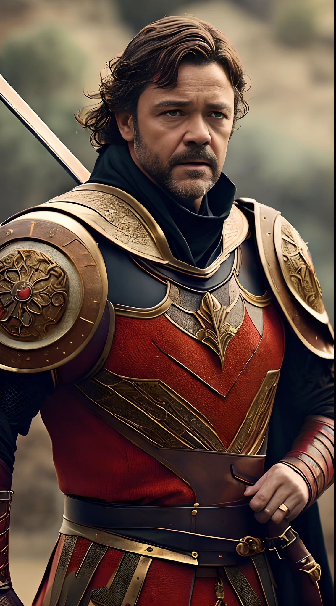 top-quality、(depth of fields)、超A high resolution、(Photorealsitic:1.4)、RAW photography、(porate:1.4),Russell Crowe(Russell Ella Crowe)played by General Maximus(cinematic ligh:gladiator),(Hairstyles:Short dark brown hair,Small waves),(Wearing:Matte armor with gold edges,red capelet,(rendering by octane, illusory engine, Highly detailed, iintricate,)), Red cape、Riding a war horse, Command the charge,(bellow,Brave,Fierce, intense battles,),8K, High definition, Detailed face, Detailed eyes,Hyper-realistic, + cinema shot + Dynamic composition, Incredibly detailed, Sharpen, Details + Superb details + perfectionism + award winning realism ((Moody lighting)),Vintage style,Correct anatomy,(Scenes:Winter cold forest,Medieval battlefield,The King's Banner,Flying flames,),((Masterpiece,Best quality)), ((Cinematic light)), Ultra photo realsisim, fearsome, Dark fantasy, epic realistic, Faded, ((com cores neutras)), (hdr:1.5), (pastel colour:1.2), ultra - detailed, (Art Station:1.5), Cinematic, warm lights, Light effect, Dramaticlight, (Intricate details:1.1), the complex background, (greg rutkovsky:0.8), (Teal and orange:0.4), epic, Cinematic composition,
