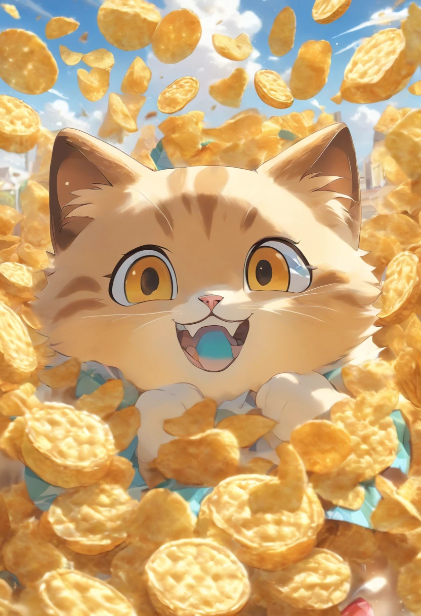The image of a Tmall cat's head,Combine with Lay's potato chips,Blue sky background,interesting,innovative