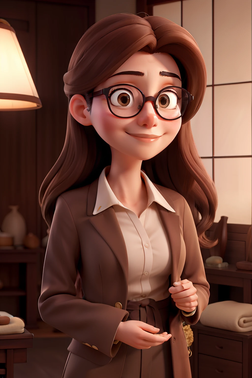 long light brown hair,modern glasses,mysterious gaze,massage,Japanese woman