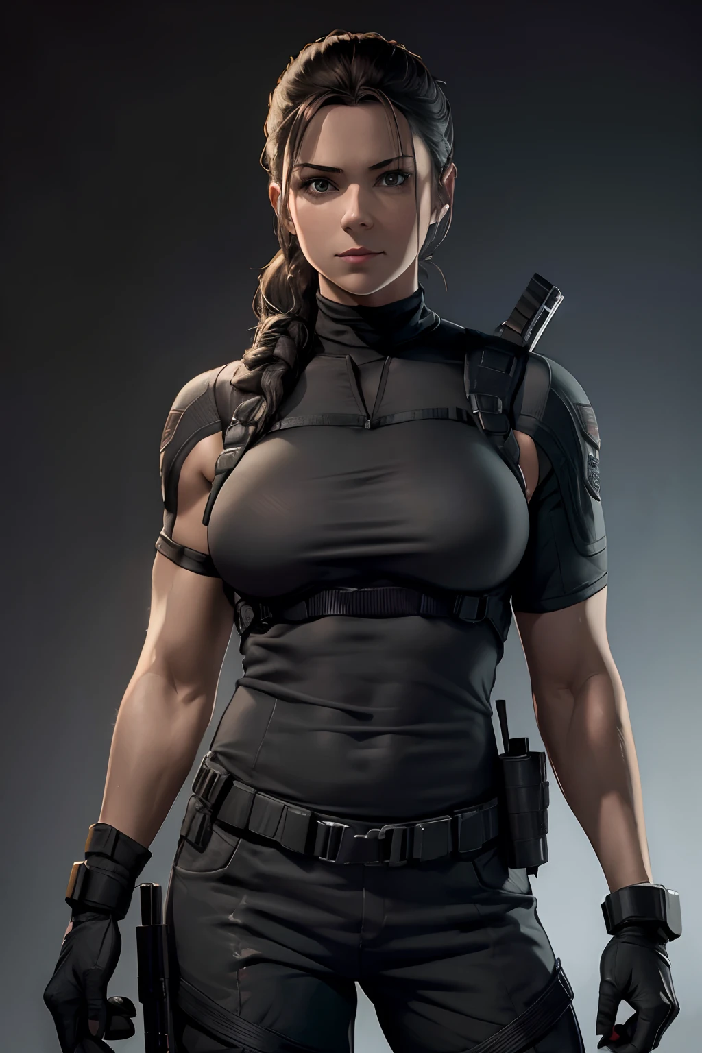 1 Girl, solo, 30 year old, Chris Redfield, Caucasian,  wearing grey T-shirt, smirks, black color on the shoulder and a bsaa logo on the shoulder, military tactical suit, tall, ???????, bust,  high resolution:1.2, upper body shot, no background.