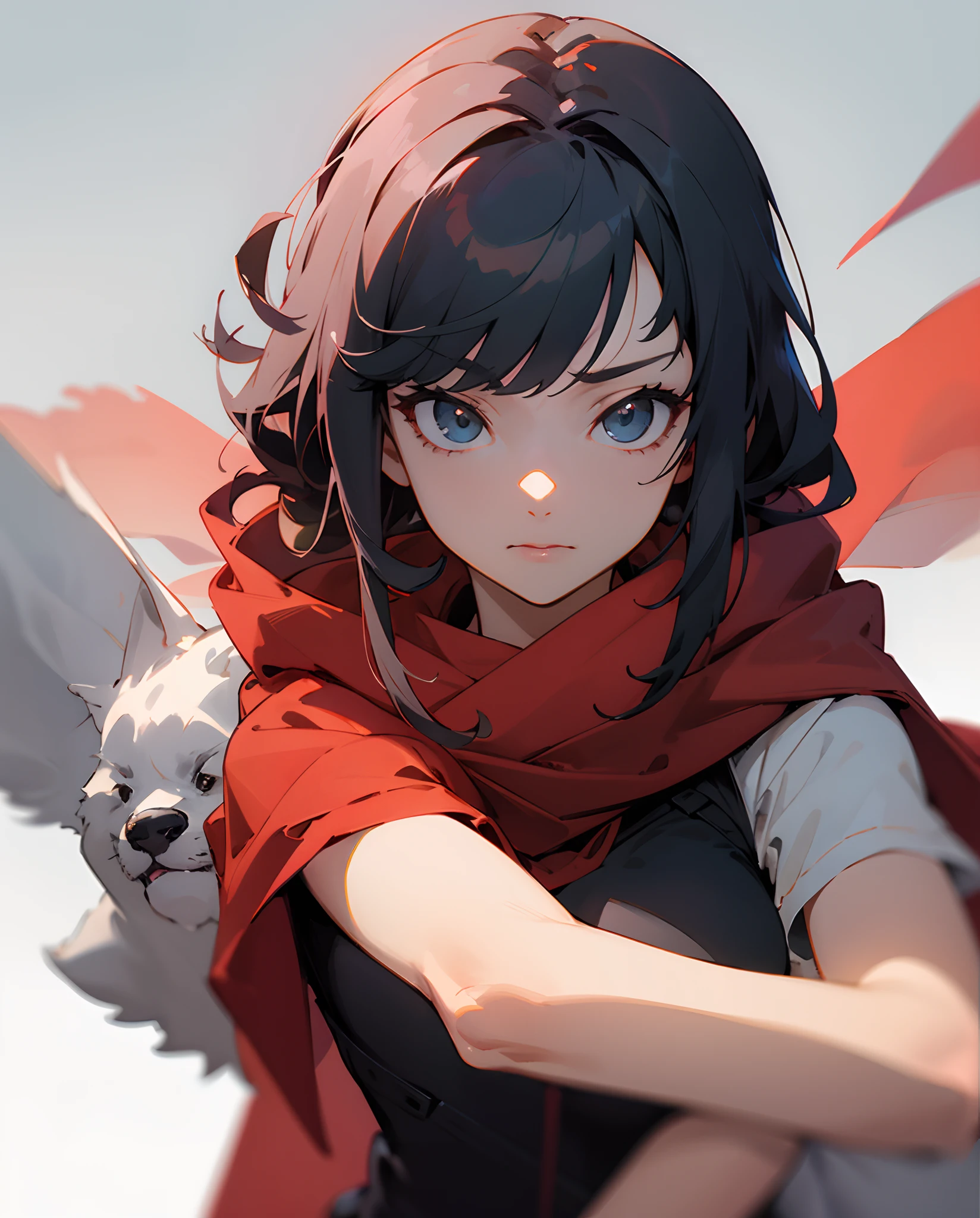 lobo branco feminino, olhos vermelhos, desenho de anime de Puru, Red scarf on neck, arte peluda, furafinidade, cores planas, desenho realista, segurando um catavento vermelho