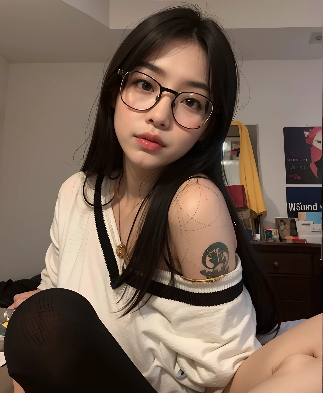Woman with glasses and a white shirt sitting on a bed, 18 anos, With eye Glasses, menina coreana, Asian girl, 2 2 anos, Beautiful Asian girl, 1 6 anos, 21 anos, 19-year-old girl, linda Delphine, menina jovem e bonito, good young girl, Menina chinesa, with glasses on