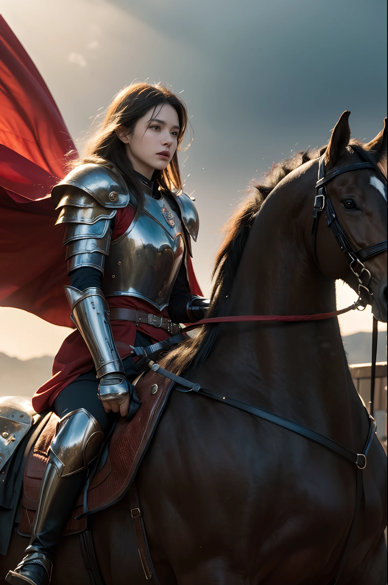 General on horseback，charge，top-quality、softlighting、(depth of fields)、超A high resolution、(Photorealsitic:1.4)、RAW photography、(porate:1.4)，On the battlefield，Russell Crowe（Russell Ella Crowe）played by General Maximus（cinematic ligh：gladiator），（Hairstyles：Short dark brown hair，Small waves），（Wearing：Silver armor，red capelet，（rendering by octane, illusory engine, Highly detailed, iintricate，））,  Riding an armored war horse, Command the battlefield，（Angry，Brave，intense battles，），8K, High definition, Detailed face, Detailed eyes，Hyper-realistic, + cinema shot + Dynamic composition, Incredibly detailed, Sharpen, Details + Superb details + perfectionism + award winning realism ((Moody lighting))，Vintage style，Correct anatomy，（Scenes：Winter cold forest，Medieval battlefield，The King's Banner，Flying flames，），((Masterpiece,Best quality)), ((Cinematic light)), Ultra photo realsisim, fearsome, Dark fantasy, epic realistic, Faded, ((com cores neutras)), (hdr:1.5), (pastel colour:1.2), ultra - detailed, (Art Station:1.5), Cinematic, warm lights, Light effect, Dramaticlight, (Intricate details:1.1), the complex background, (greg rutkovsky:0.8), (Teal and orange:0.4），Knights、Full body armor、big sword、a shield、Red cape、Riding an armored horse, Fierce, epic, Cinematic composition,