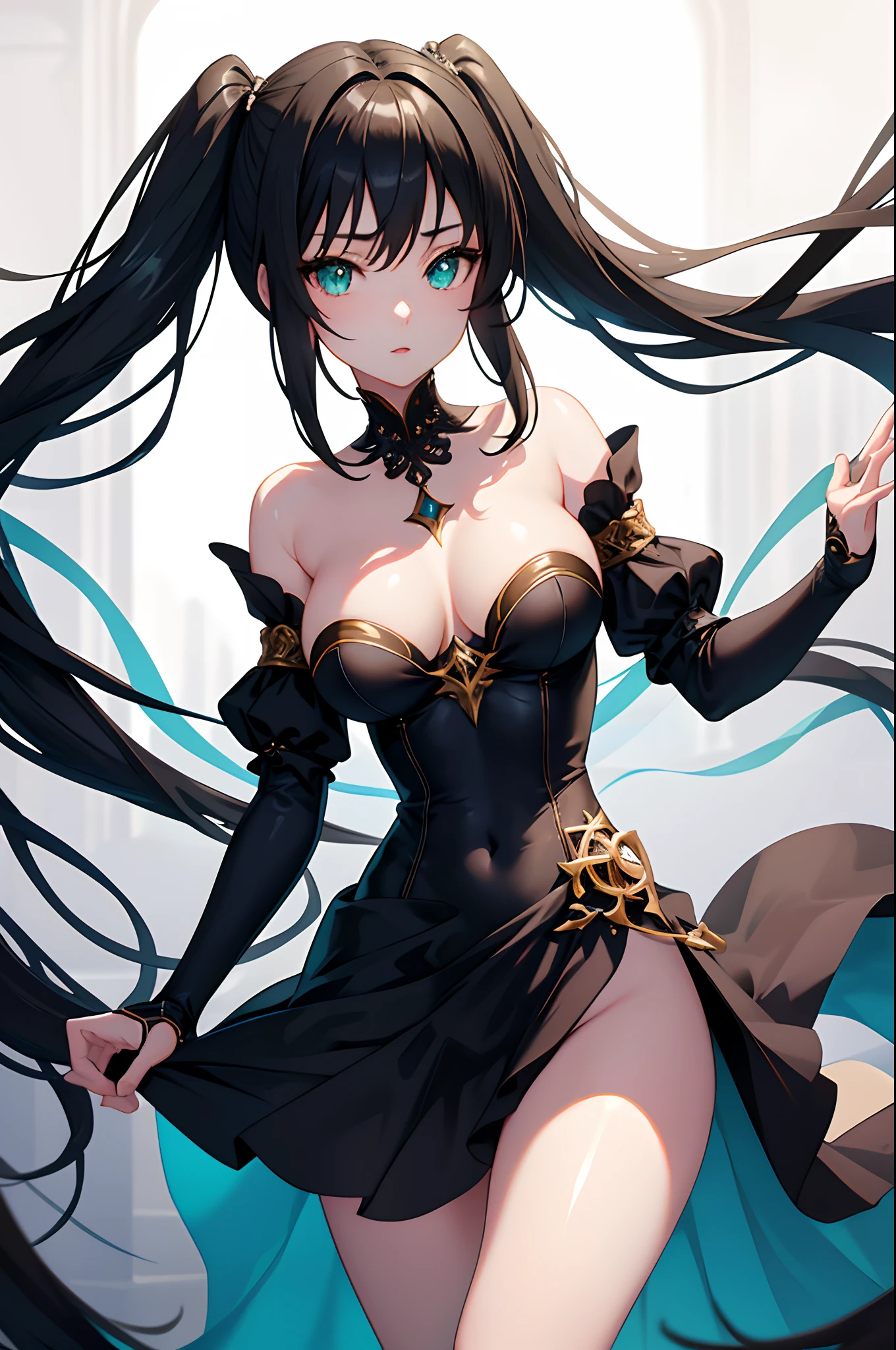 1girl, anime, cute girl, blank background, white background, fantasy, detailed dark fantasy dress with highlights, beautiful face, beautiful eyes, dark colors, black hair, twintails, green eyes, medium breasts, slight cleavage, beautiful skin, cute, breast curtains, extremely delicate and beautiful, (beautiful detailed face:1.0), (detailed deep eyes), symmetrical breasts, deep eyes, shiny skin, portrait, slender waist, hips wider than shoulders, thighs, young girl, expressionless