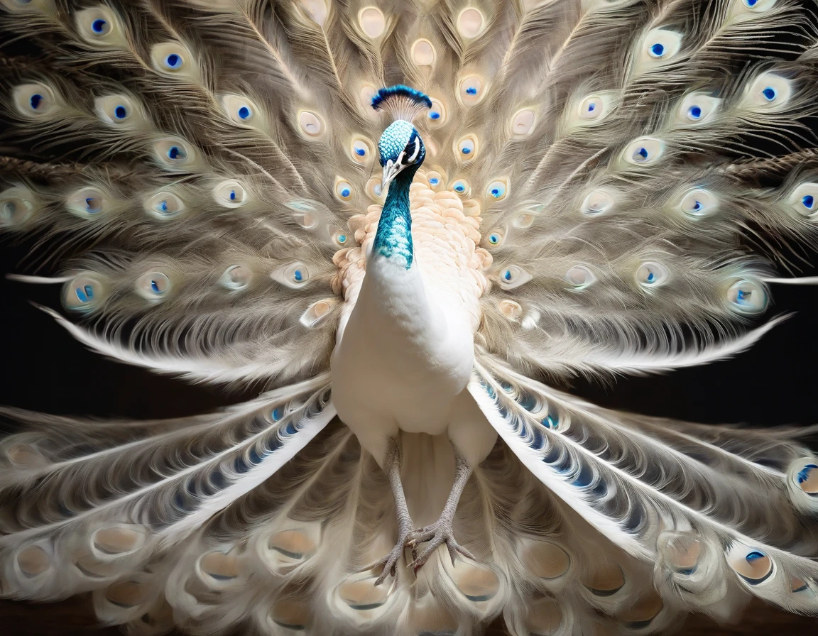 Best quality, Amazing artwork of beautiful white peacock, intricately details, (Best shadow), elegant, voluminetric lighting