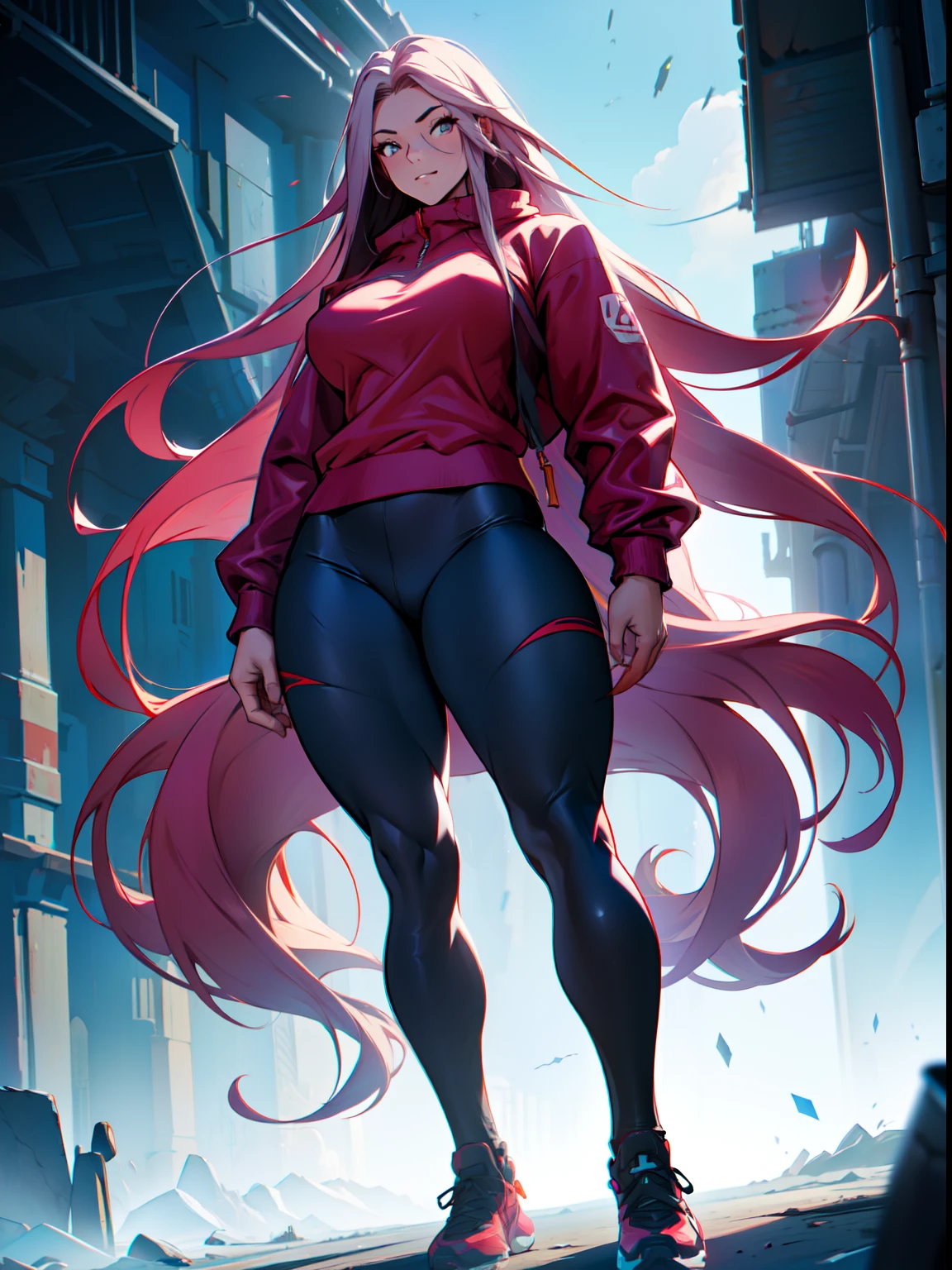 Extremely long hair Perfect anatomy 1 tall girl with curves only ((muscular)) sudadera con capucha leggings cuerpo tonificado, ((sthe highest qualit)) muy detallado, calidad 8k resolution