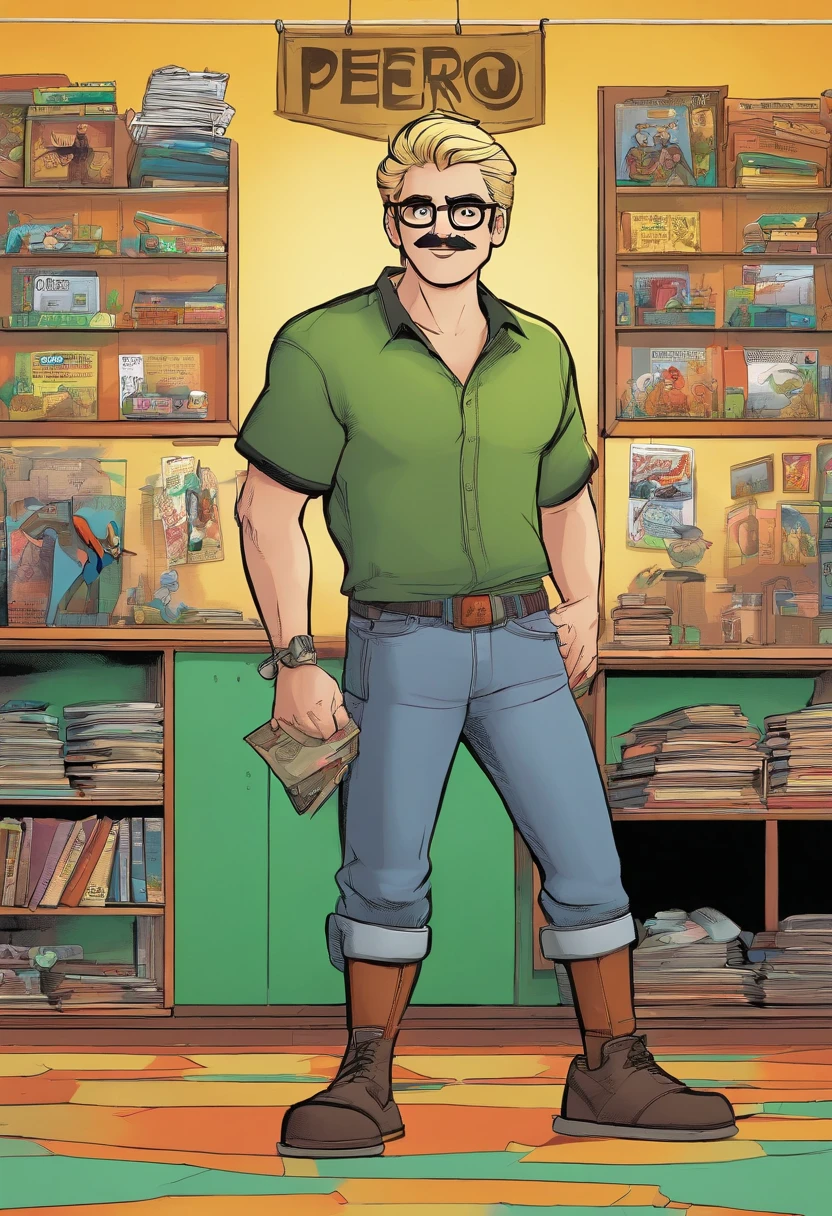 create a movie poster with the name "PEDRO", Disney Pixar style With a man with very short, ash-blonde hair. thin face. Black, square prescription glasses and a black t-shirt. Arms crossed, grayish green eyes, with a little beard and mustache the same color as his hair. In a white room with several bunk beds.
