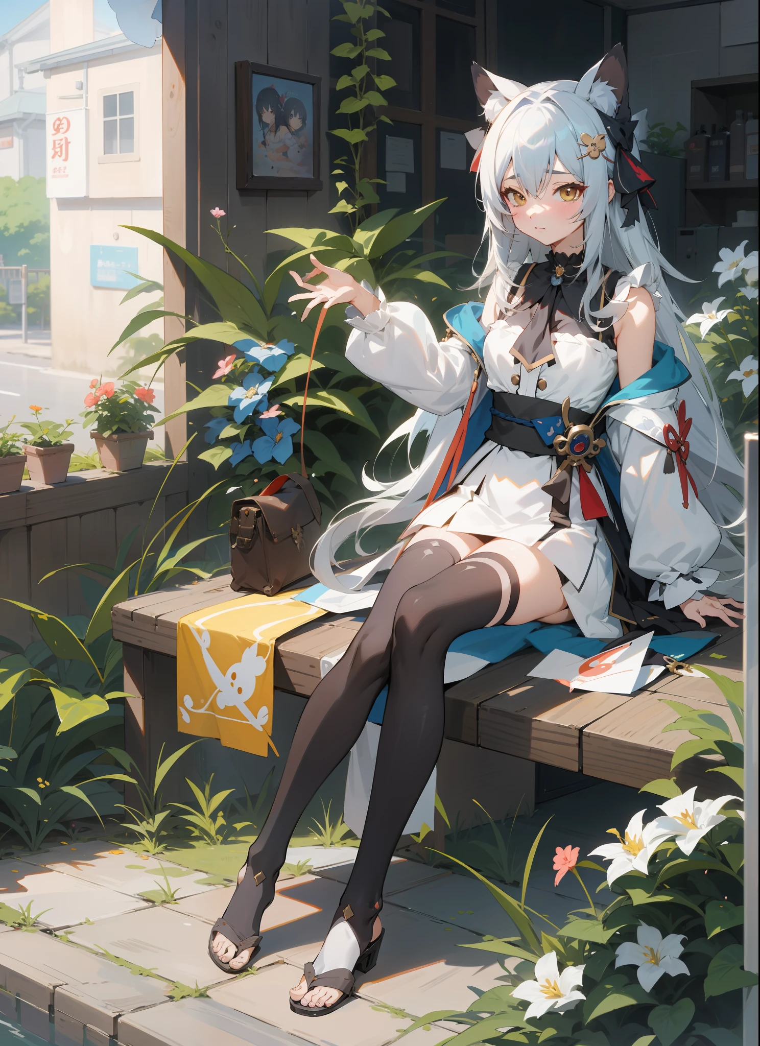 Menina anime sentada em um banco com uma orelha de gato e cauda, Anime Art Wallpaper 4K, Anime Art Wallpaper 4K, Anime Art Wallpaper 8K, Melhor Anime 4K Konachan Wallpaper, Guweiz em Pixiv ArtStation, trending on artstation pixiv, cushart krenz arte chave feminina, Trend in CGTacing:, bela arte de anime