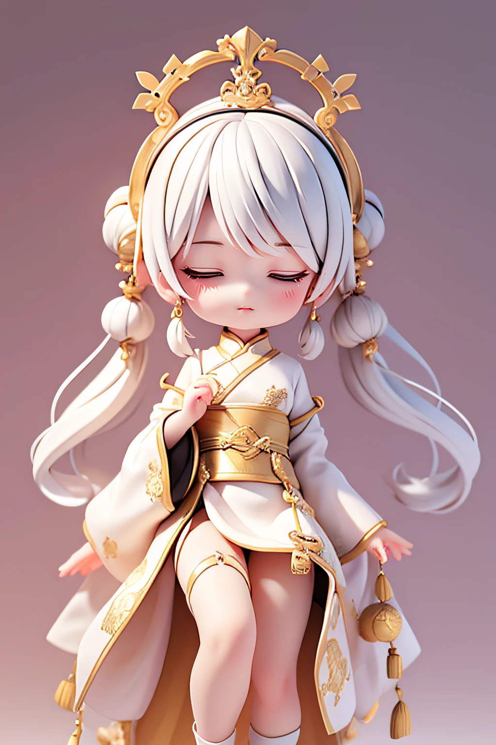 (Best quality, A high resolution, Masterpiece:1.2), Black and white, Chinese style, 2 year old girl, Gorgeous old blonde hair accessories, Gorgeous gold pendant earrings, Exquisite Chinese clothing, "Hands on the legs", "Whole body", cute face, updo-hairstyle, closing her eyes, Comfortable appearance, More white and less black Chinese clothing, White color hair, "Sit on your knees", White hair, kanzashi, hair bobbles, forehead mark, Dragon horns, High detail, 4K, Super detail, High quality, A high resolution