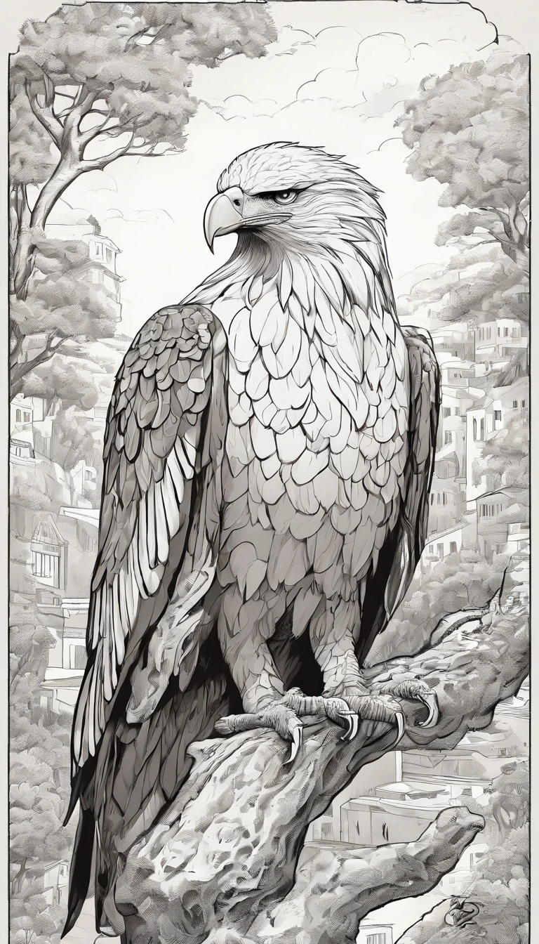 A commercial illustration with a good part in black and white, In the middle of it there is only a black and white eagle in the spotlight,bico pequeno, Full-sized neck for its species and very hairy, standing out at the top of the hill due to its beauty. He finds himself alone in a city where only he exists. The eagle has a very fixed gaze. It is located close to the city center in which the houses are light brown in color without much prominence, estilo bem rustico. The top of the hill is portrayed in a natural way, com uma floresta bem abaixo. The image should have a natural style with fine strokes and neutral colors, A touch of manga. The eagle should be depicted in detail, with his expression demonstrating strength and determination in his life. A imagem deve ser em preto e branco com alta qualidade, with a pencil and ink caricature drawing style, com cores neutras e leves. Make sure the eagle looks extremely realistic, but not artificial, symbolizing happiness and hope in the face of life's challenges.", 16k