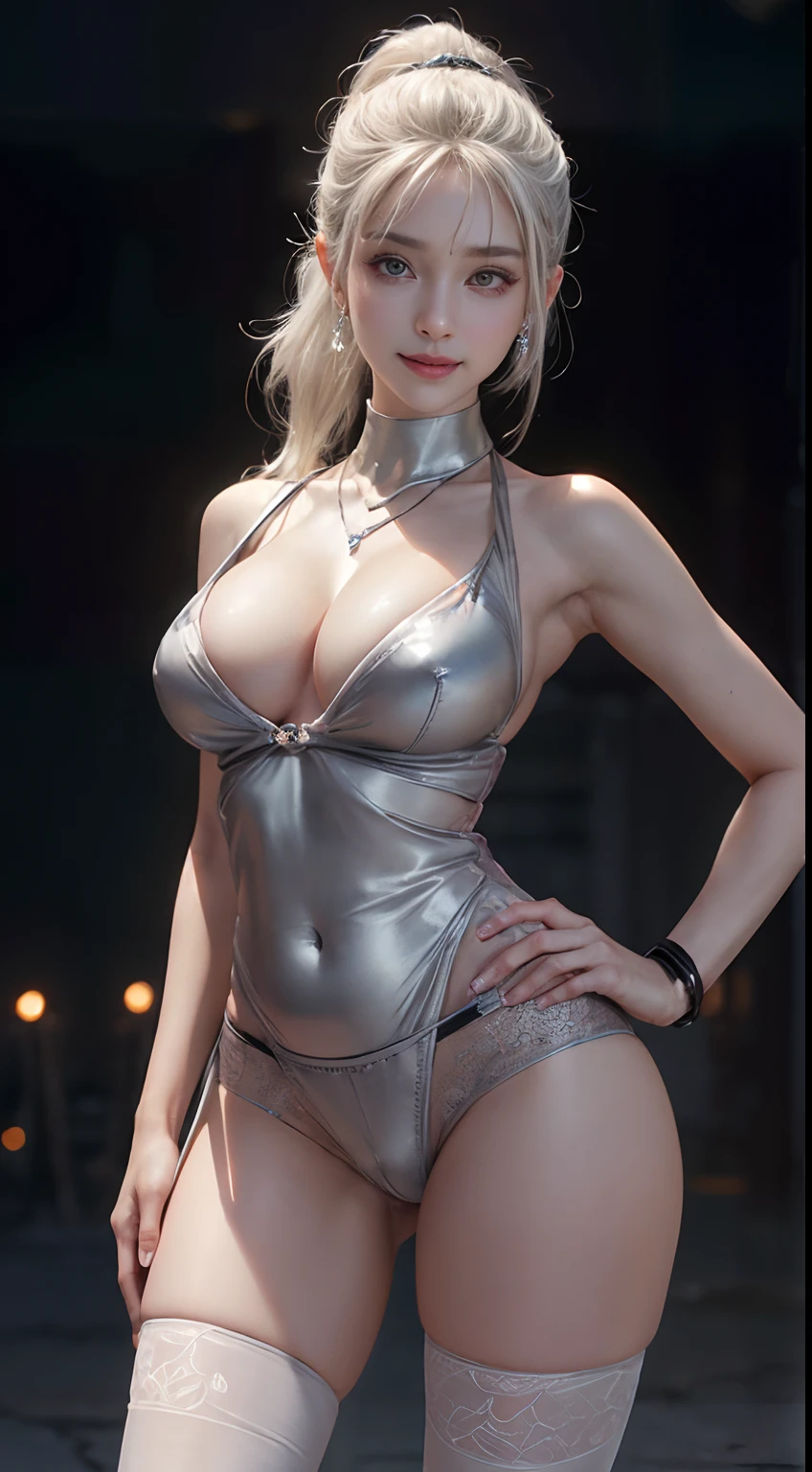 8K, masutepiece, Raw photo, Best Quality, Photorealistic, Highly detailed CG Unity 8k wallpaper, depth of fields, Cinematic Light, Lens Flare, Ray tracing, (Extremely beautiful face, Beautiful lips, Beautiful eyes), intricate detail face, ((Ultra detailed skin)) 1girl in, In the Dark, deepshadow, Pretty Korean girl, ((Looking at Viewer)), (seducting smile), (Blurry background), (large boob:1.5), earrings, Bracelets, Necklace, Clear eyes, spaceships, Front shot, (pale skin), Face forward, (Big eyes), ((upperbody shot)), (Camel toe, shape), futuristic cyberpunk, Grey Metal Cyberpunk Tape, Silver Metal BDSM, (metal panties:1.5), White blonde hair, (Ponytail), ((seducting smile)), ((Camel toe)),