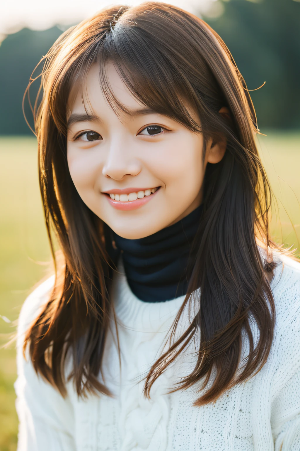 best quality, (photorealistic:1.4), 1girl, smiling eyes, (ulzzang-6500-v1.1:1.0), brown hair, black eyes, 18 years old, beautiful woman, white turtleneck, spiritual, prayer, god,