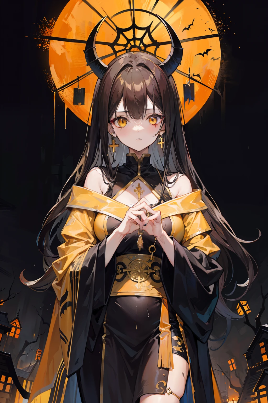 Tall and mature anime girl, messy long black-brown hair, good anatomy, horns on her head, yellow eyes, halloween themed, halloween, runic symbols on her face, wearing a dirty ancient robe with gold design , disheveled appearance, standing in the rain, holding a tome, dark environment, standing infront of a church on a dark rainy day, withered trees and plants around, solemn expression, golden cross earrings, detailed background, high resolution
