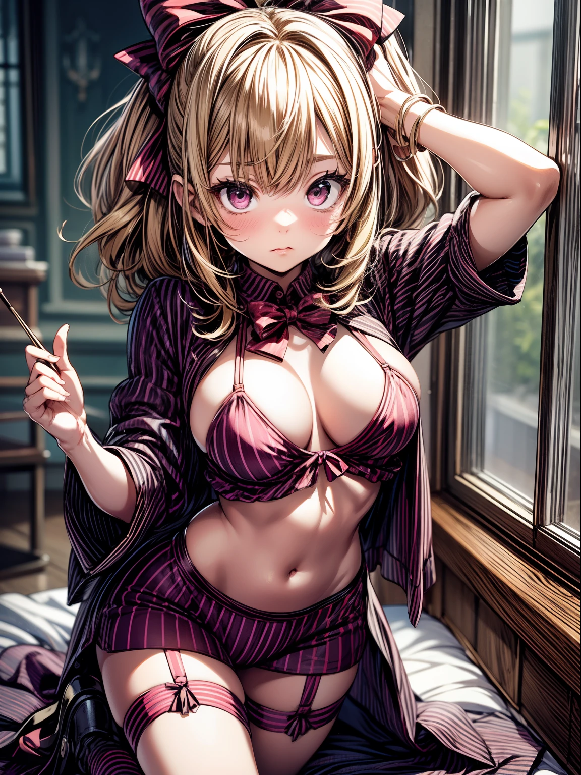 Ecchi、Ecchi、Ecchi、stretch、Pink eyes、a blond、Clothes with vertical stripes、red blush、cute little、Transcendent Cute、Idol、Infant body type、bow ribbon、breasts are large、１５age、