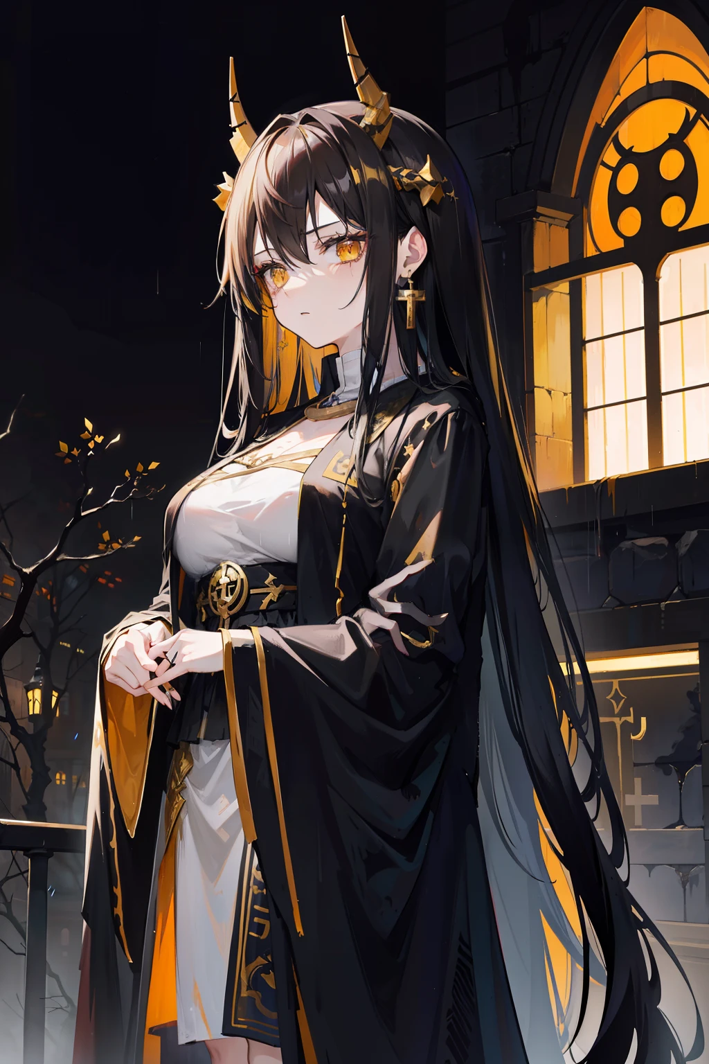 Tall and mature anime girl, messy long black-brown hair, good anatomy, horns on her head, yellow eyes, halloween themed, halloween, runic symbols on her face, wearing a dirty ancient robe with gold design , disheveled appearance, standing in the rain, holding a tome, dark environment, standing infront of a church on a dark rainy day, withered trees and plants around, solemn expression, golden cross earrings, detailed background, high resolution