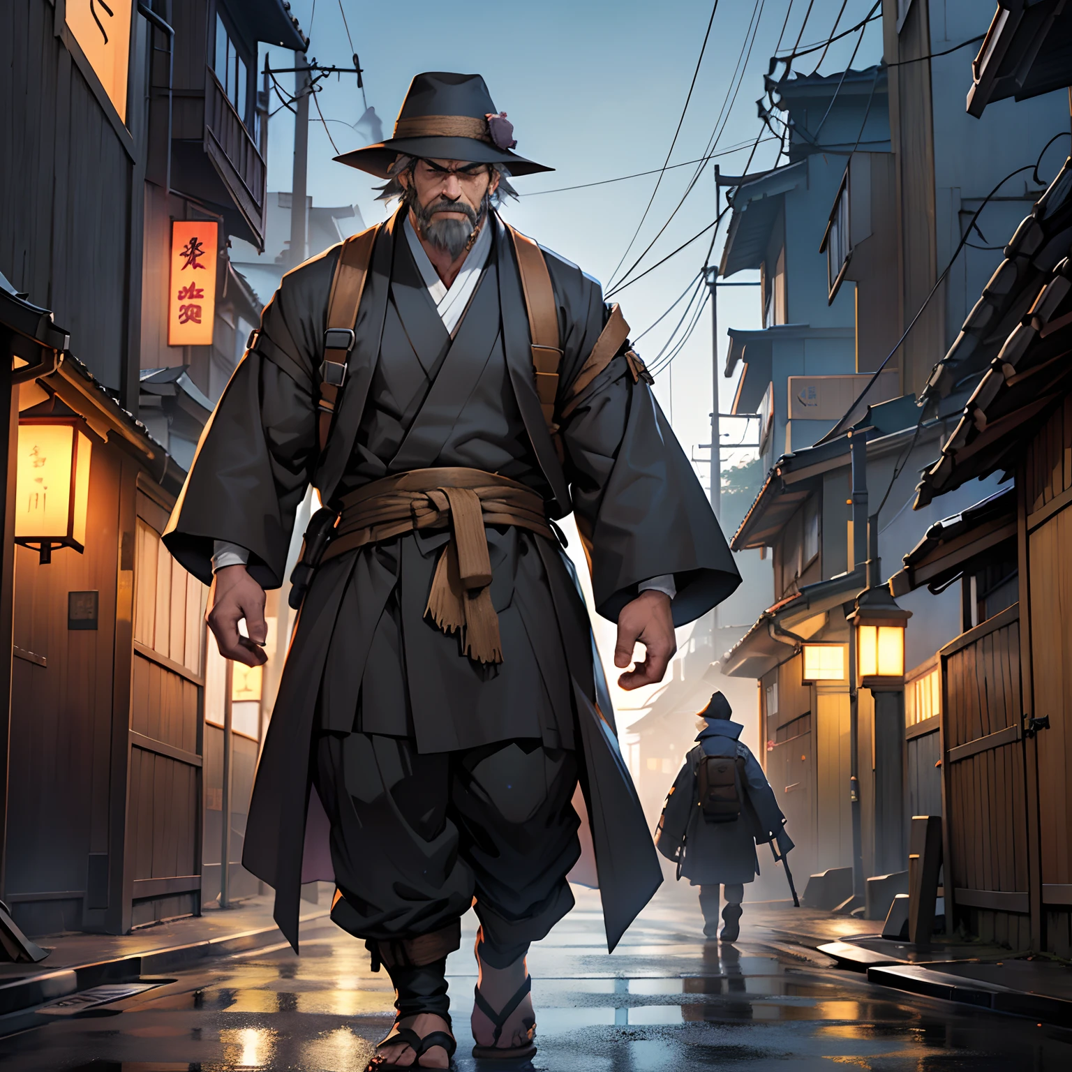 A strong short gnome man in dirty clothes and a handmade trenchcoat and a scarecrows hat, ripped clothes, walking on the streets of Japan at night, Japan, tattered monk robe, holding a staff made of wood, he lowered his head, indifferent expression, his hair was gray, he had a short beard, the wind blew, he felt very angry, ancient Tokyo, 1boy, uncle, short beard, gray hair, thick big muscles, muscles, Ultra high resolution, ray tracing, volumetric light and shadow, super high resolution, rich background, episodic