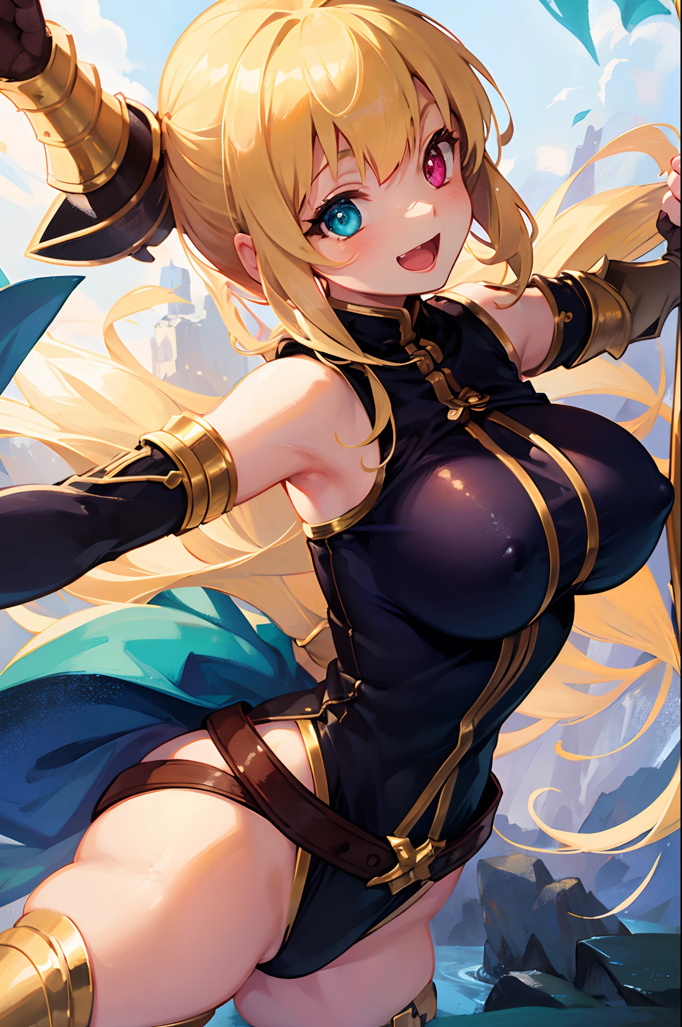 girl,Colossal tits,Smile with open mouth,blondehair,Adventurer Costume,Archer,Archer,Heterochromia,Top image quality,Best Quality