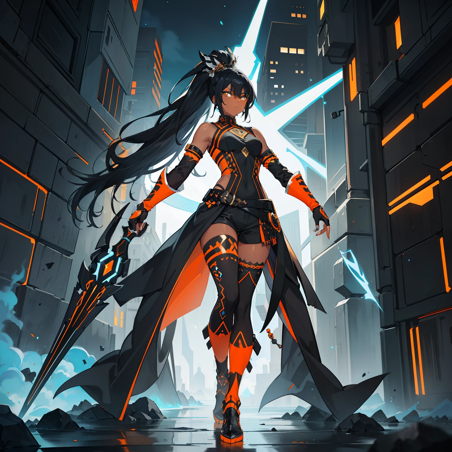 1girl , (((Dark Skin)))), Black Hair with Ponytail, Light Blue Eyes, ((Black Metallic Gauntlets and Greaves with Orange and Silver Highlights)), (((The Clothes Have a Mix of Modern and Tribal))), (((The Clothes Have a Mix of Modern and Tribal))),  having mostly the color black, but having parts in orange, shoulders exposed, at the hip a shorts that extend to half of the thigh of black color. ((Black Overcoat with a orange inner part))