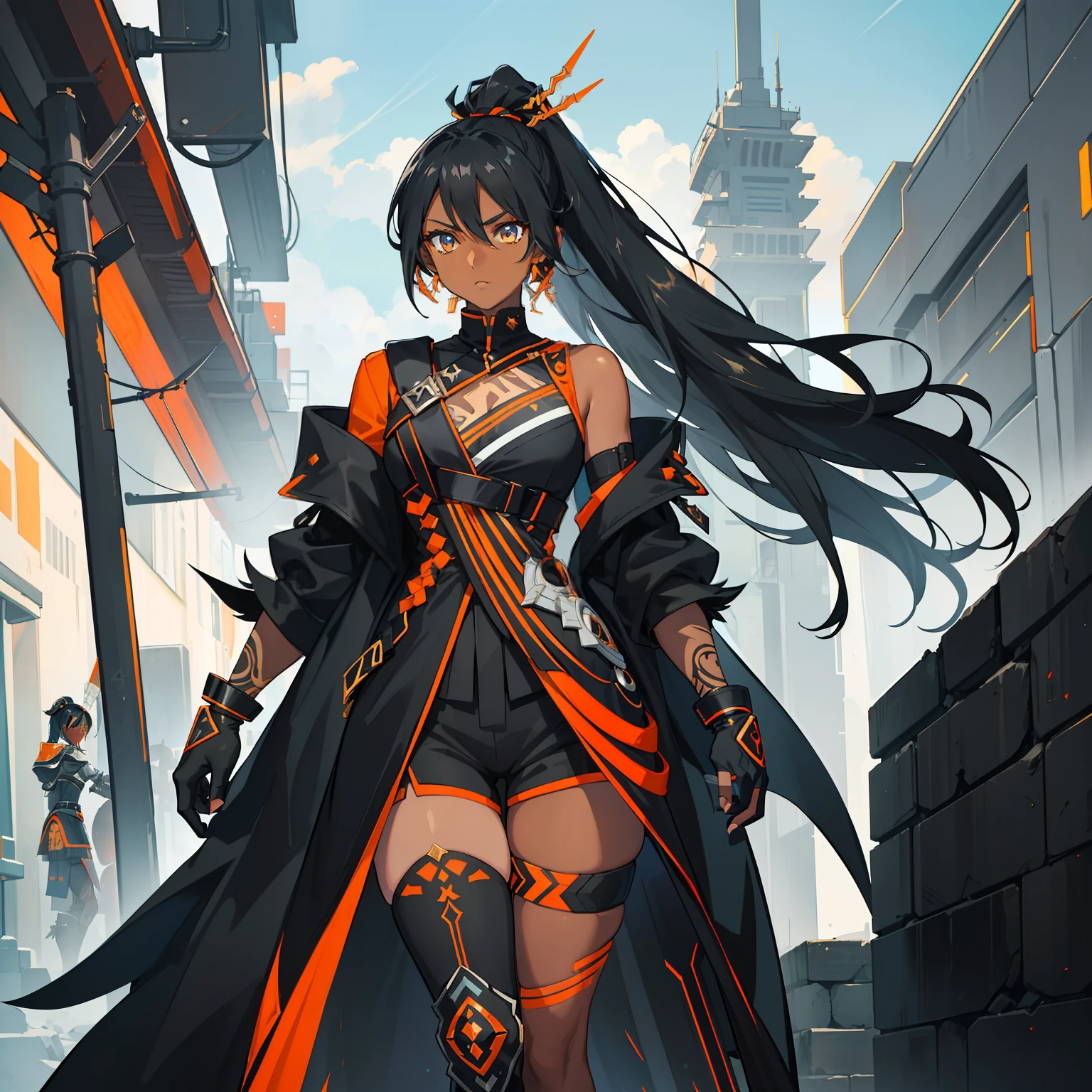 1girl , (((Dark Skin)))), Black Hair with Ponytail, Light Blue Eyes, ((Black Metallic Gauntlets and Greaves with Orange and Silver Highlights)), (((The Clothes Have a Mix of Modern and Tribal))), (((The Clothes Have a Mix of Modern and Tribal))),  having mostly the color black, but having parts in orange, shoulders exposed, at the hip a shorts that extend to half of the thigh of black color. ((Black Overcoat with a orange inner part))