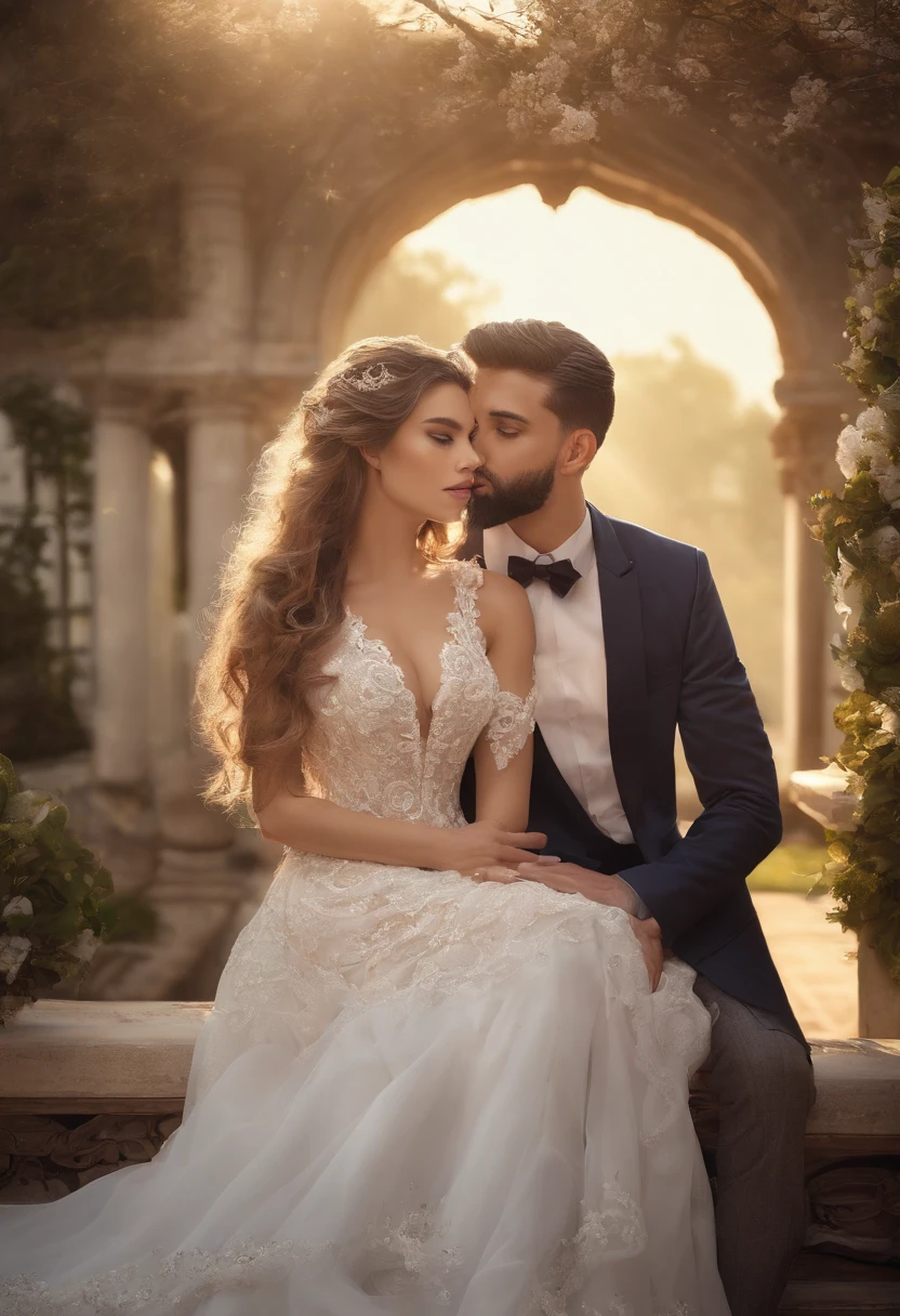 noiva ((mulher)) e noivo ((Homem)) realista, The couple's faces are beautiful and proportional ((rosto detalhado)), mulher vestida de noiva com um longo e luxuoso de vestido de noiva, The groom is wearing an elegant suit. Couple is at a wedding ceremony in the garden, sol encharcado, Roberto Ferri e Ruan Jia, very magical and dreamy, noivos, Durante a Hora Dourada, imagem surrealista, golden hour sunset lighting, luz solar da hora dourada, Tiro na Hora de Ouro, soft golden hour lighting, sparkling in the sunlight. alta qualidade,master part, melhor qualidade, (extremamente detalhado CG unidade 8k papel de parede), (melhor qualidade), (best illustration), (melhor sombra), Absurdo, realistic lighting, imagem surrealista