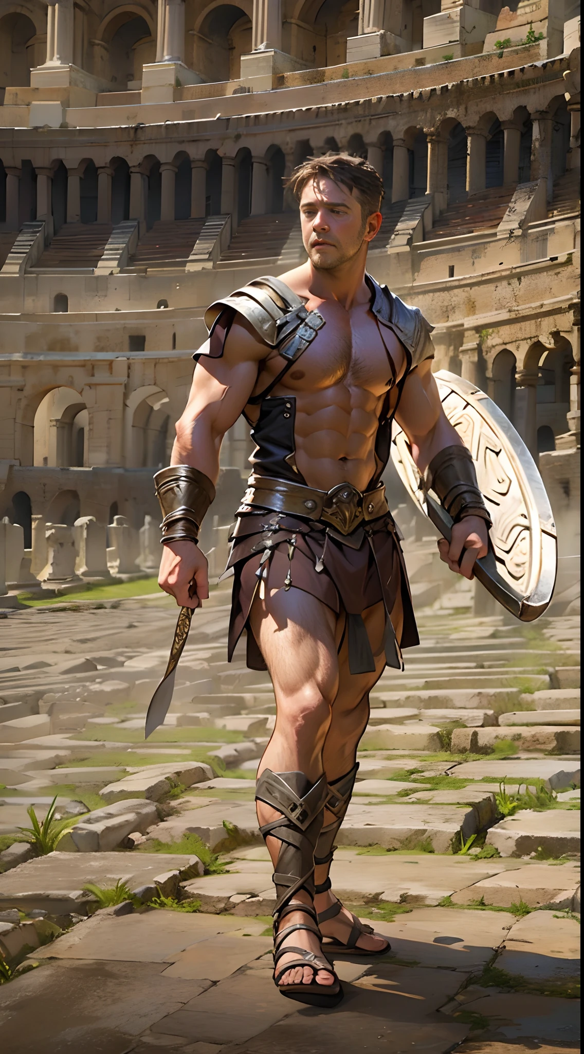 gladiator, Russell Crowe（Russell Ella Crowe）Played by Maximus（gladiator），Short dark brown hair，Small waves，Bare chest, Lower body from thighs to feet, Long curly hair is layered, Meticulous muscle definition, Realistic depiction, 4K quality. Background: Ancient Roman Colosseum,32k ULTRAHD, Best quality, Masterpiece, Super detail, High details，