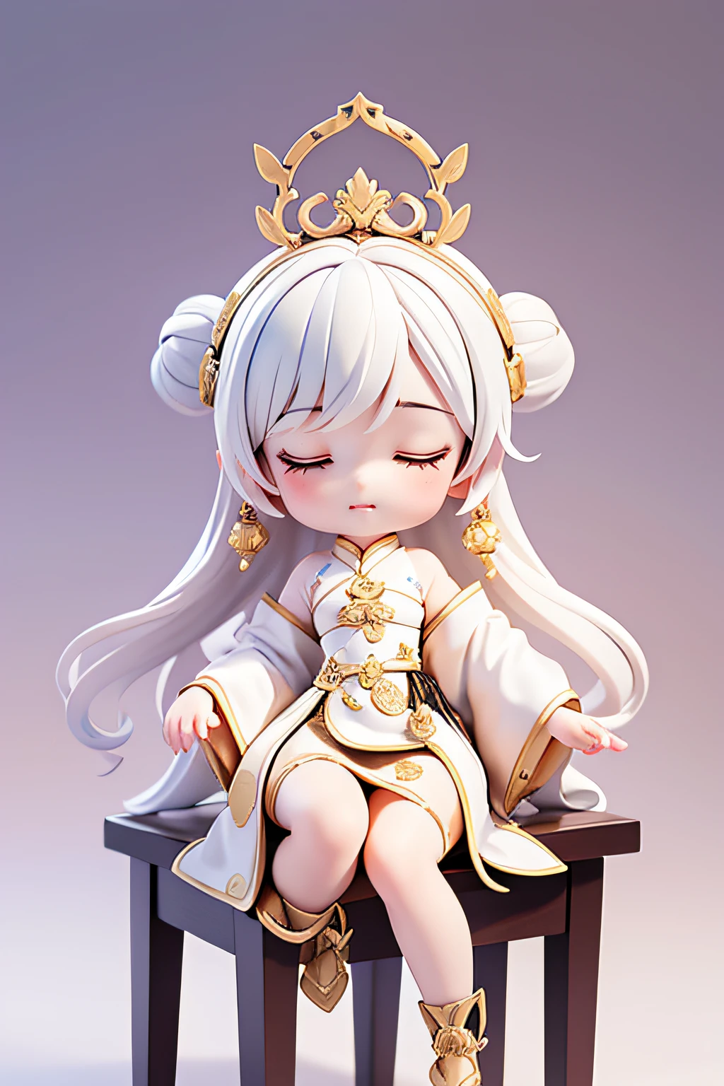 (Best quality, A high resolution, Masterpiece:1.2), Black and white, Chinese style, 2 year old girl, Gorgeous old blonde hair accessories, Gorgeous gold pendant earrings, Exquisite Chinese clothing, "Hands on the legs", "Whole body", cute  face, updo-hairstyle, closing her eyes, Comfortable appearance, More white and less black Chinese clothing, White color hair, "Sit on your knees", White hair, kanzashi, hair bobbles, forehead mark, Dragon horns, High detail, 4K, Super detail, High quality, A high resolution