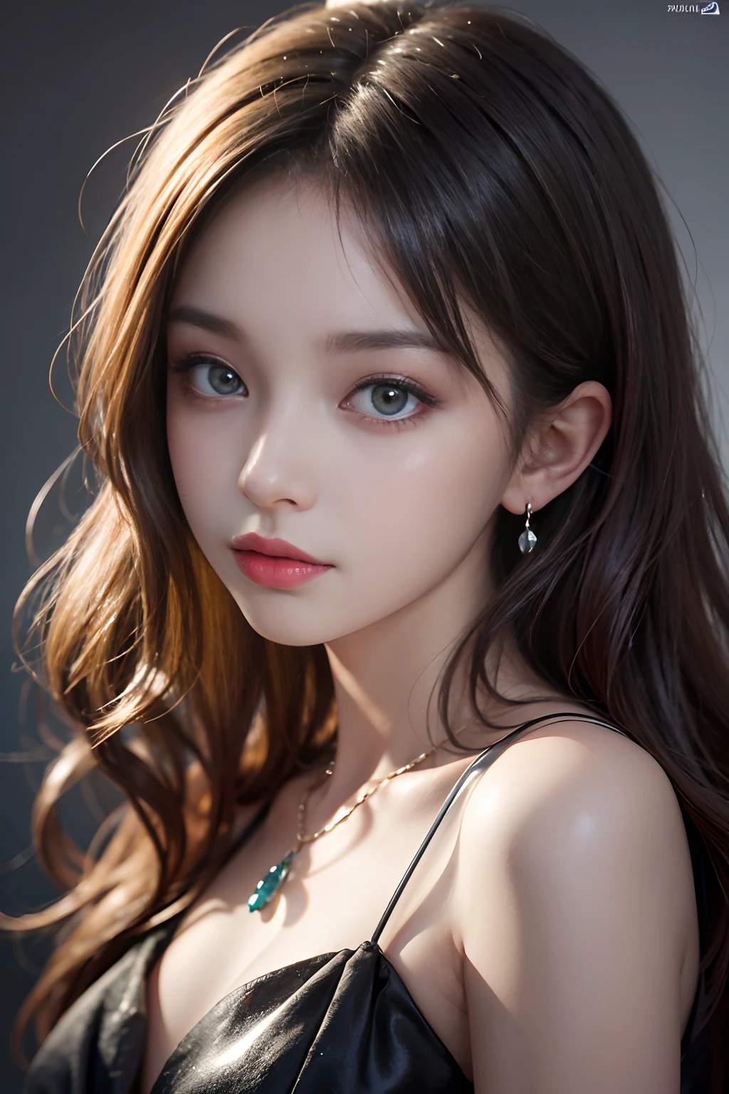 tmasterpiece、top-quality、portrait of one girl、hair adornments、a necklace、jewely、beautiful countenance、after sexing_Body、Tindall effect、Photorealsitic、Dark Studio、rim lit、twotonelighting、(High-detail skin:1.2)、8K Ultra HD、Digital SLR, softlighting, high high quality, voluminetric lighting, Frankness, A picture, A high resolution, 4K, 8K,