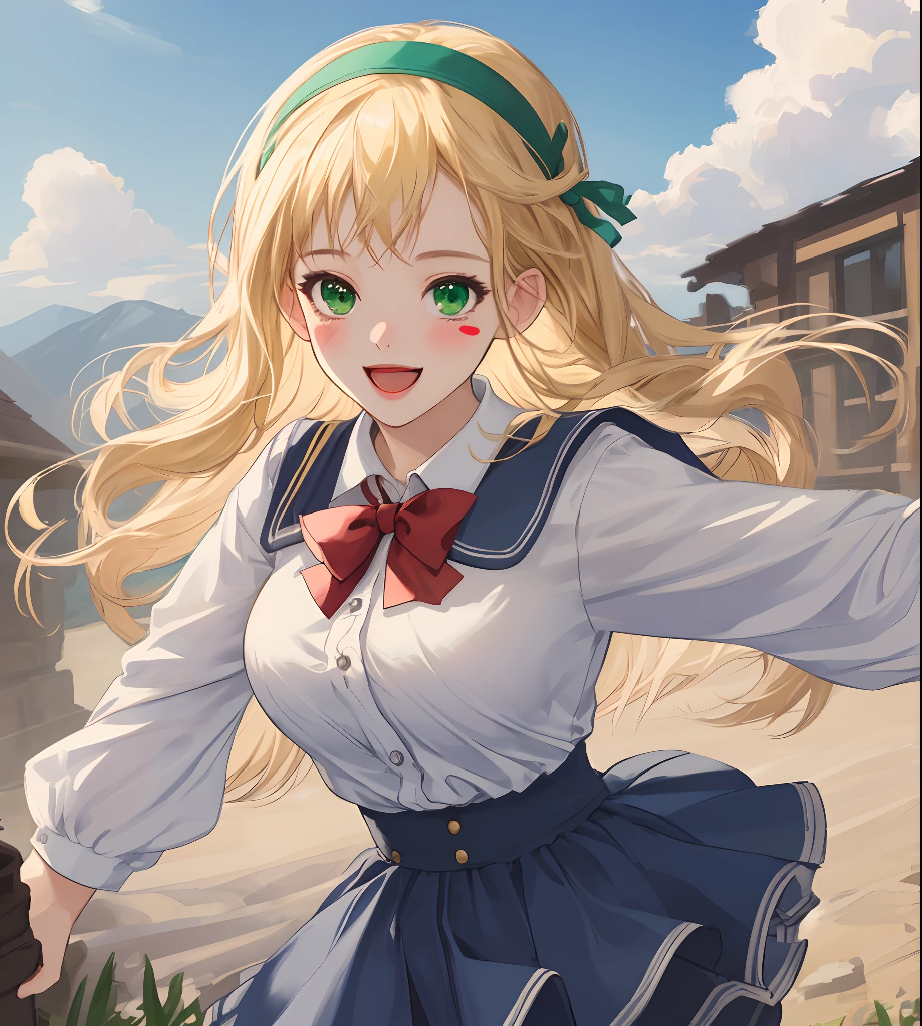 (masterpiece:1.2), (best quality), (ultra detailed), (8k,4k),(half body:1.2),(cowboy:1.2),(highly detailed:1.2),(detailed face:1.2), (detailed background),(portrait),detailed landscape,(dynamic pose:1.2),(perfect lightingbest quality),carol 1girl, solo, long hair, breasts, looking at viewer, smile, open mouth, blonde hair, large breasts, bow, school uniform, green eyes, hairband, outdoors, sky, day, blush stickers