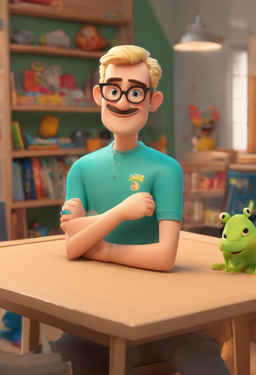 create a movie poster with the name "PEDRO", Disney Pixar style With a man with very short, ash-blonde hair. thin face. Black, square prescription glasses and a black t-shirt. Arms crossed, grayish green eyes, with a little beard and mustache the same color as his hair. In a white room with several bunk beds.