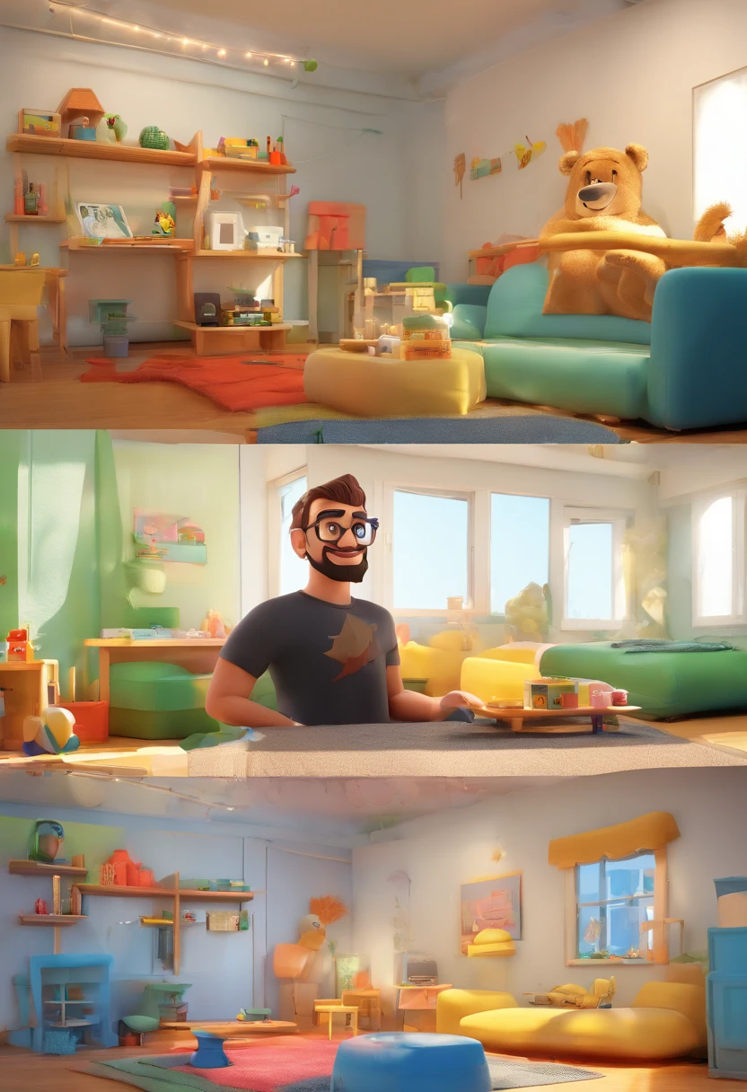 create a movie poster with the name "PEDRO", Disney Pixar style With a man with very short, ash-blonde hair.  thin face.  Black, square prescription glasses and a black t-shirt.  Arms crossed, grayish green eyes, with a little beard and mustache the same color as his hair.  In a white room with several bunk beds.