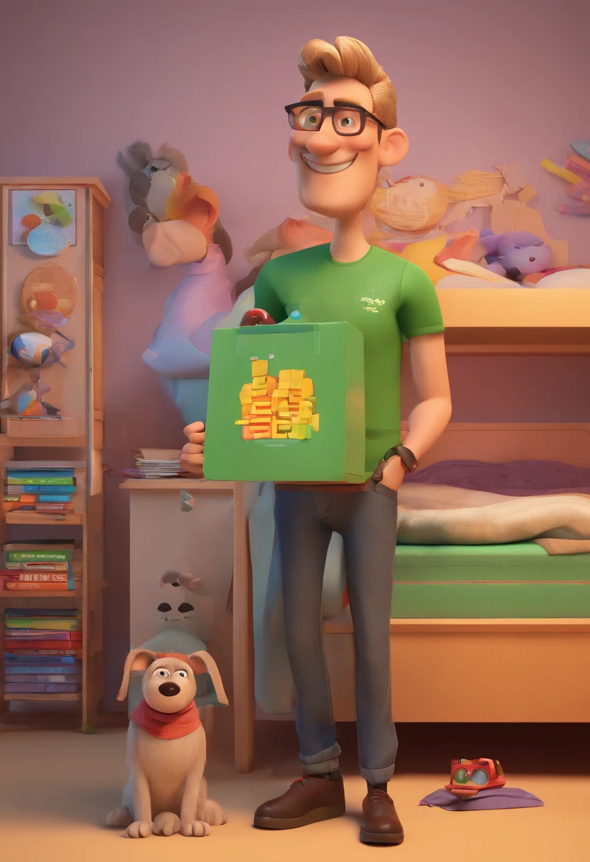 create a movie poster with the name "PEDRO", Disney Pixar style With a man with very short, ash-blonde hair. thin face. Black, square prescription glasses and a black t-shirt. Arms crossed, grayish green eyes, with a little beard and mustache the same color as his hair. In a white room with several bunk beds.
