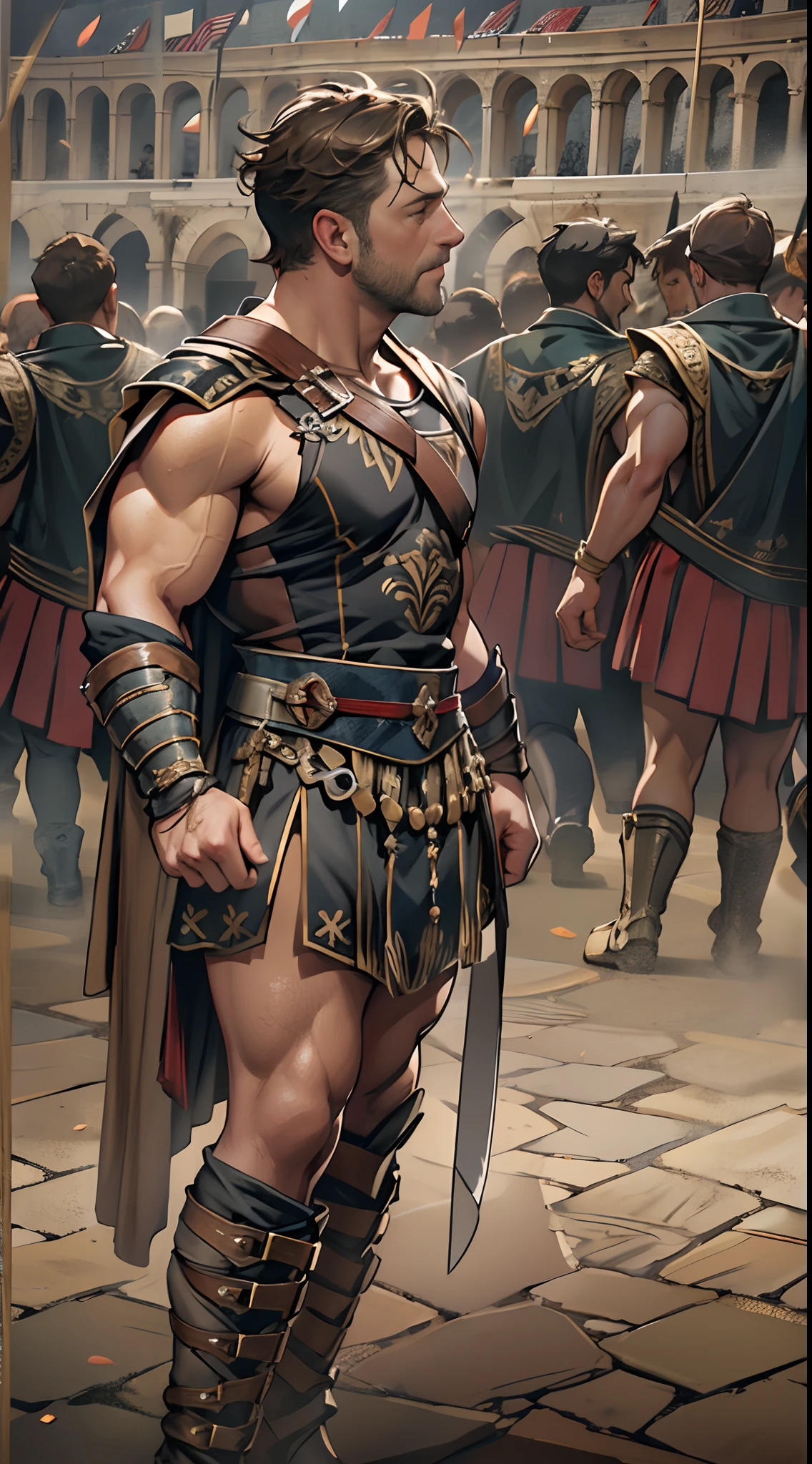 gladiator, Powerful gladiator, Russell Crowe(Russell Ella Crowe)Played by Maximus(gladiator),Short dark brown hair,Small waves,Upper torso exposed, Undress the legs from thigh to toe, Detailed muscle physique, Lifelike depiction, 4K 分辨率. Background: The Colosseum was packed with cheering crowds.,32k ULTRAHD, Best quality, Masterpiece, Super detail, High details,Unstable composition,