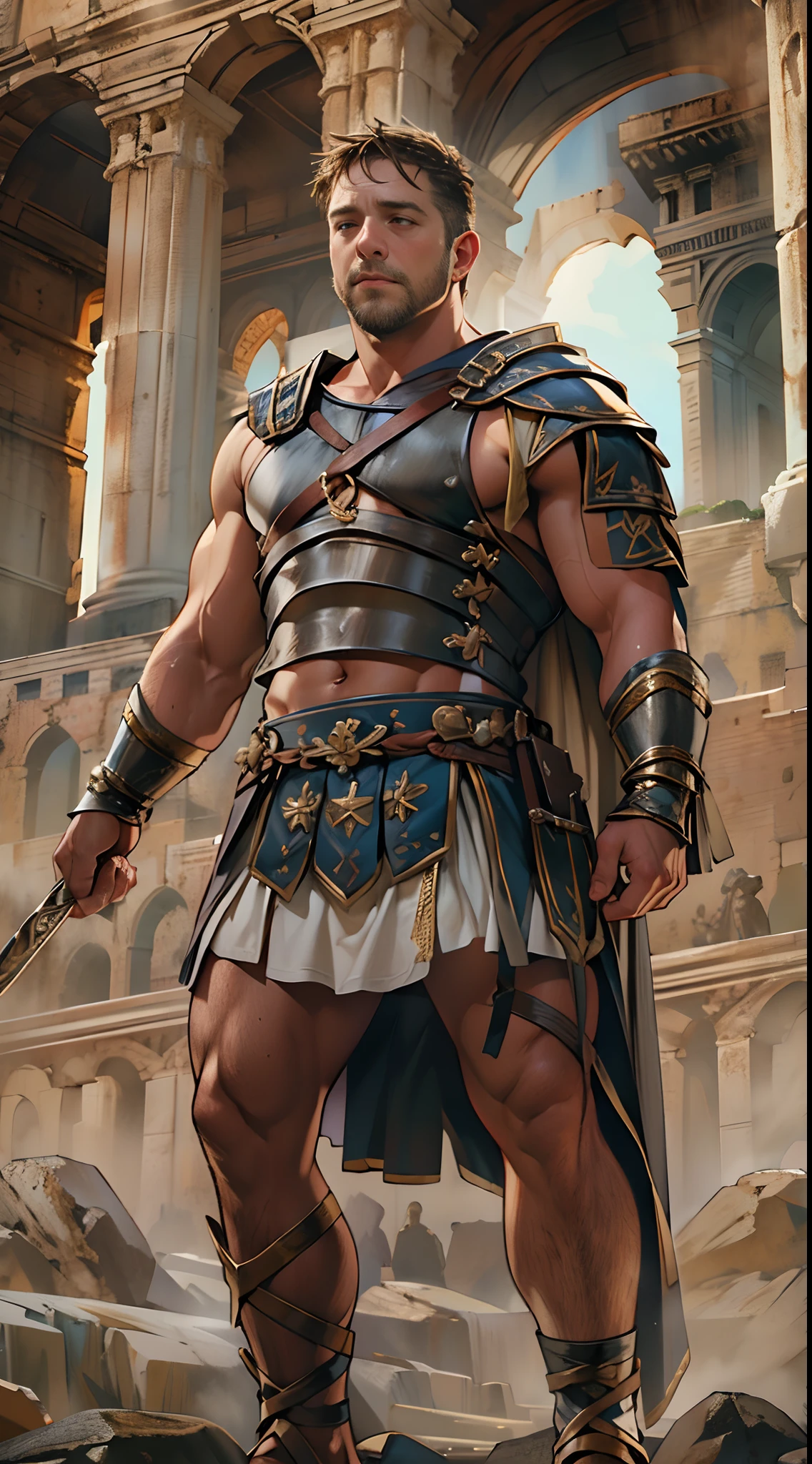 Mighty gladiator, chest uncovered, lower body revealed from thighs to feet, cascading long curls, detailed muscular physique, lifelike depiction, 4K resolution. Background: Colosseum during a spectacular sunset,32k uhd, best quality, masterpiece, super detail, high details