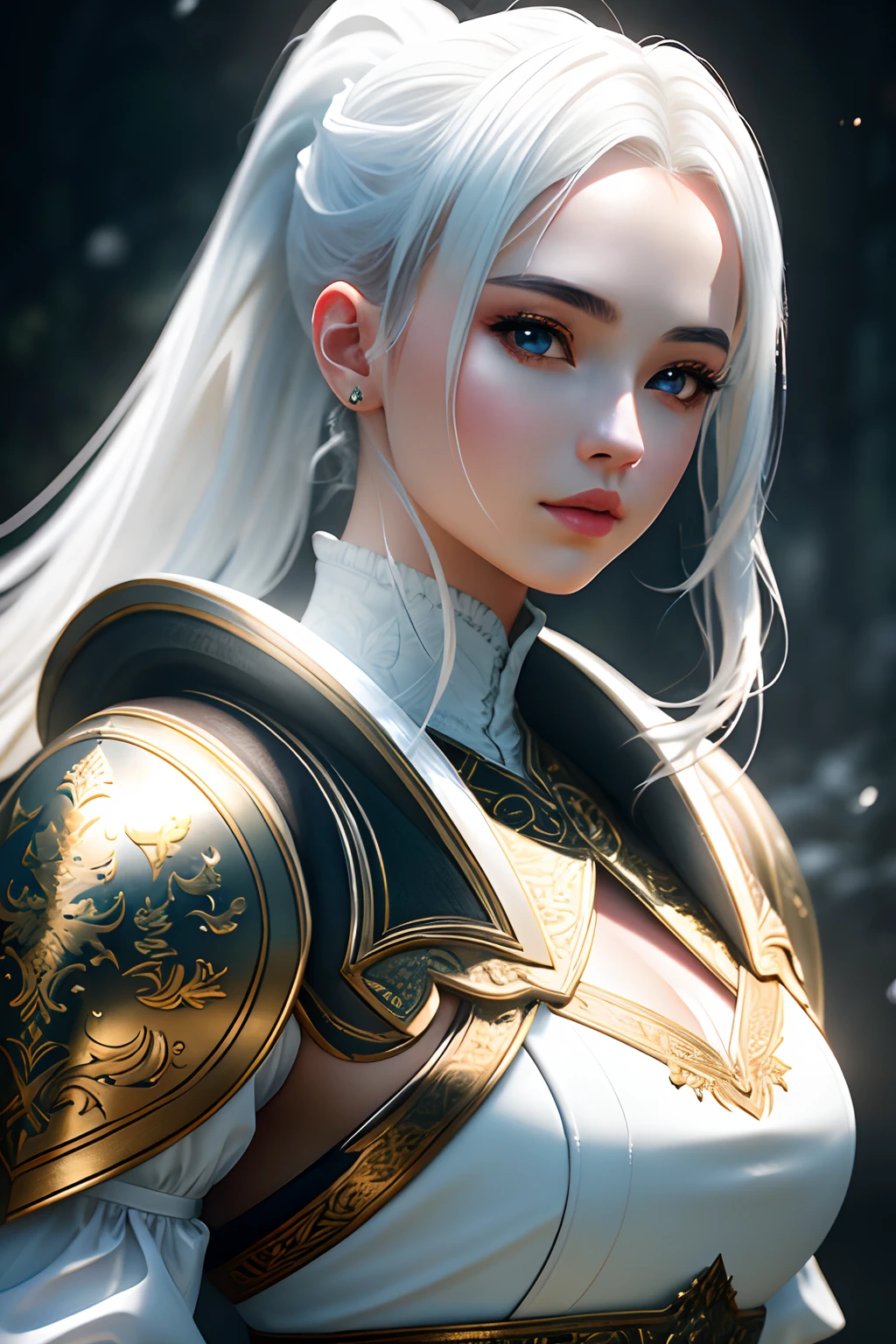 masterpiece, ultra detailed photography of a gorgeous humanoid dragon male, 1girl, (((21 year old girl))), perfectly drawn face, wearing a luxury white battle armor, luxurious gloves, 8k resolution, photorealistic, ultra-high quality, opulent detailed background, 32k, long white hair, messy ponytail, full lips, curvy guy, perfect anatomy, cinematic lighting, intricately detailed, white tetradic color, volumetric lighting