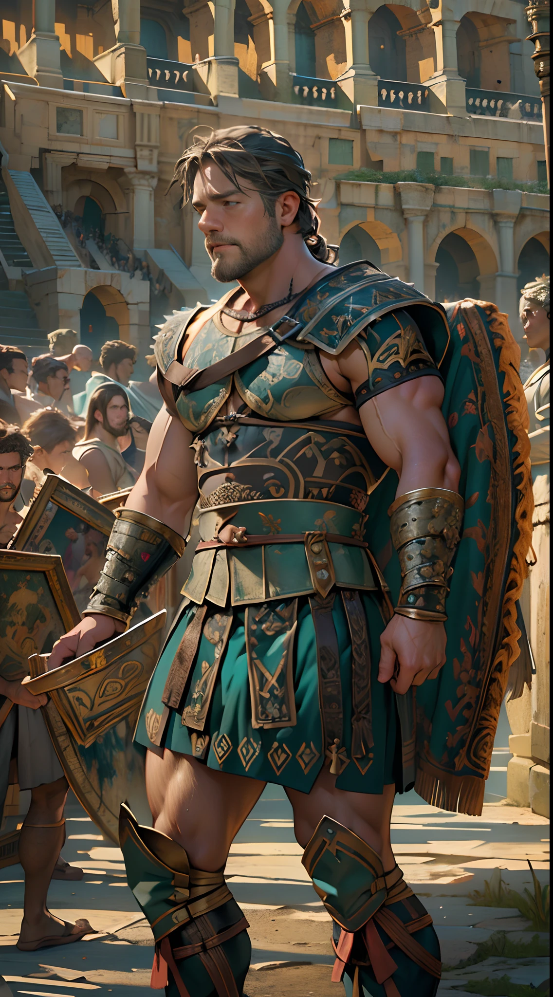 gladiator, Russell Crowe(Russell Ella Crowe)Played by Maximus(gladiator),Short dark brown hair,Small waves,Bare chest, Lower body from thighs to feet, Long curly hair is layered, Meticulous muscle definition, Realistic depiction, 4K quality. Background: Ancient Roman Colosseum,32k ULTRAHD, Best quality, Masterpiece, Super detail, High details,Correct anatomy,Ultra photo realsisim, fearsome, Dark fantasy, epic realistic, Faded, ((com cores neutras)), (hdr:1.5), (pastel colour:1.2), ultra - detailed, (Art Station:1.5), Cinematic, warm lights, Light effect, Dramaticlight, (Intricate details:1.1), the complex background, (greg rutkovsky:0.8), (Teal and orange:0.4),