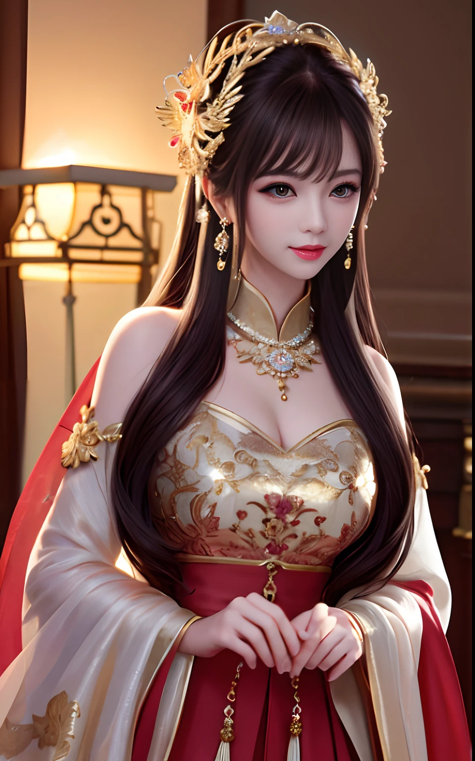 1 young empress wearing red lace top, deep-breasted nightgown, Chinese-style clothes, ancient costumes with many phoenix patterns, flawless white and pink face, crown on her head, black hair hip length, very beautiful and sharp brown eyes, small red lips, painted lips, charming smile, jewelry worn around the neck, earrings, white and even teeth, high nose, big round breasts, elongated legs, thin mesh black socks, portrait, most realistic, highest quality, best pixels, 8k ultra,