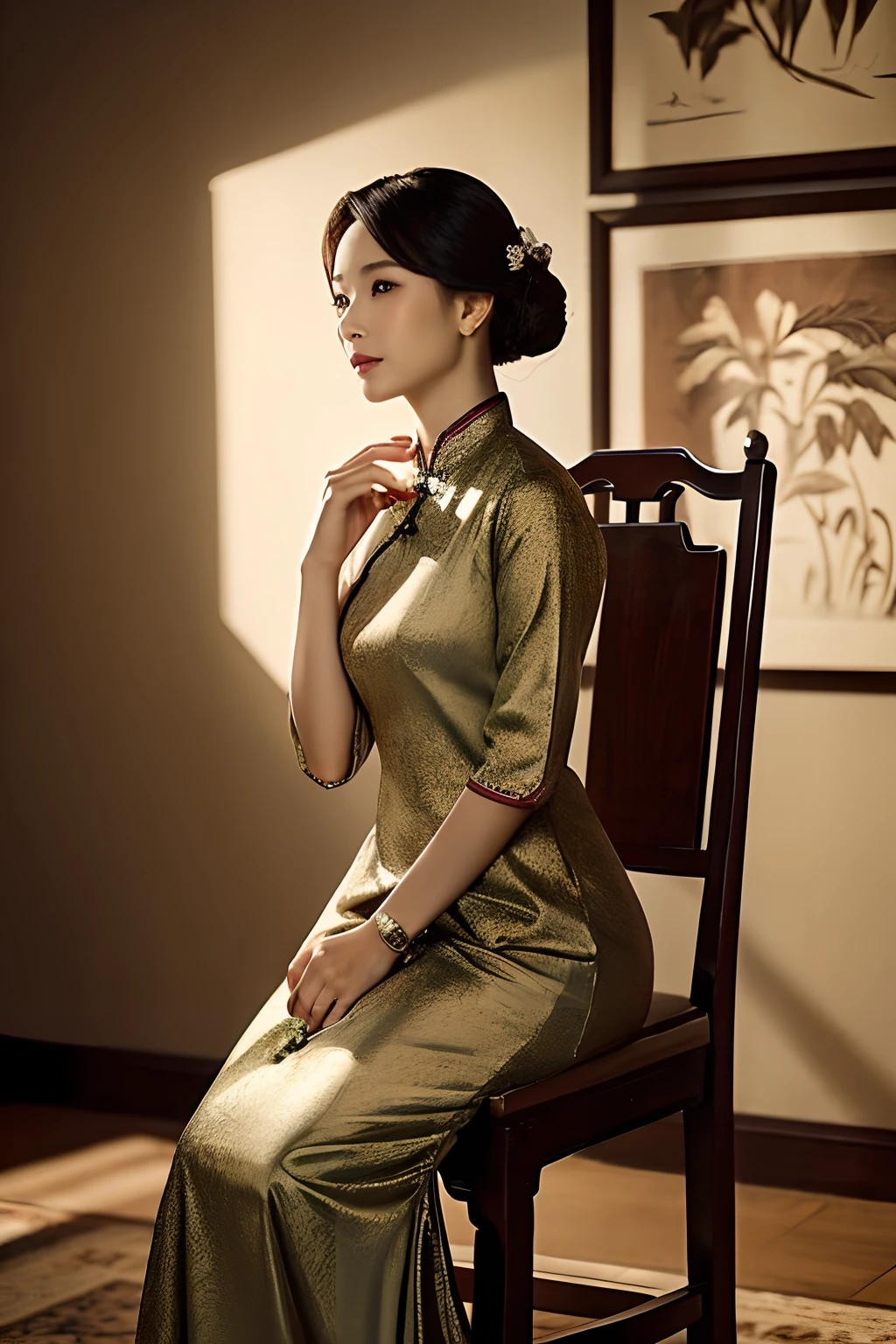 A Republican woman from the Chinese Republican era, exuding a dignified and elegant temperament, is wearing a traditional cheongsam dress. She is depicted sitting gracefully on a antique chair placed in a well-lit room. The artwork is rendered in black and white tones, highlighting the realistic style of the painting. The details of the woman's face are highly detailed, with beautiful defined eyes, lips, and a serene expression. The cheongsam dress is also meticulously depicted, showcasing its intricate patterns and flowing fabric. The overall composition exudes a sense of poise and grace, capturing the essence of the Chinese Republican era. The lighting in the room is softly diffused, casting subtle shadows and adding depth to the scene. The artwork is of the highest quality, featuring ultra-detailed and sharp focus elements. The monochromatic color palette enhances the timeless and sophisticated aesthetic of the painting, evoking a sense of nostalgia.