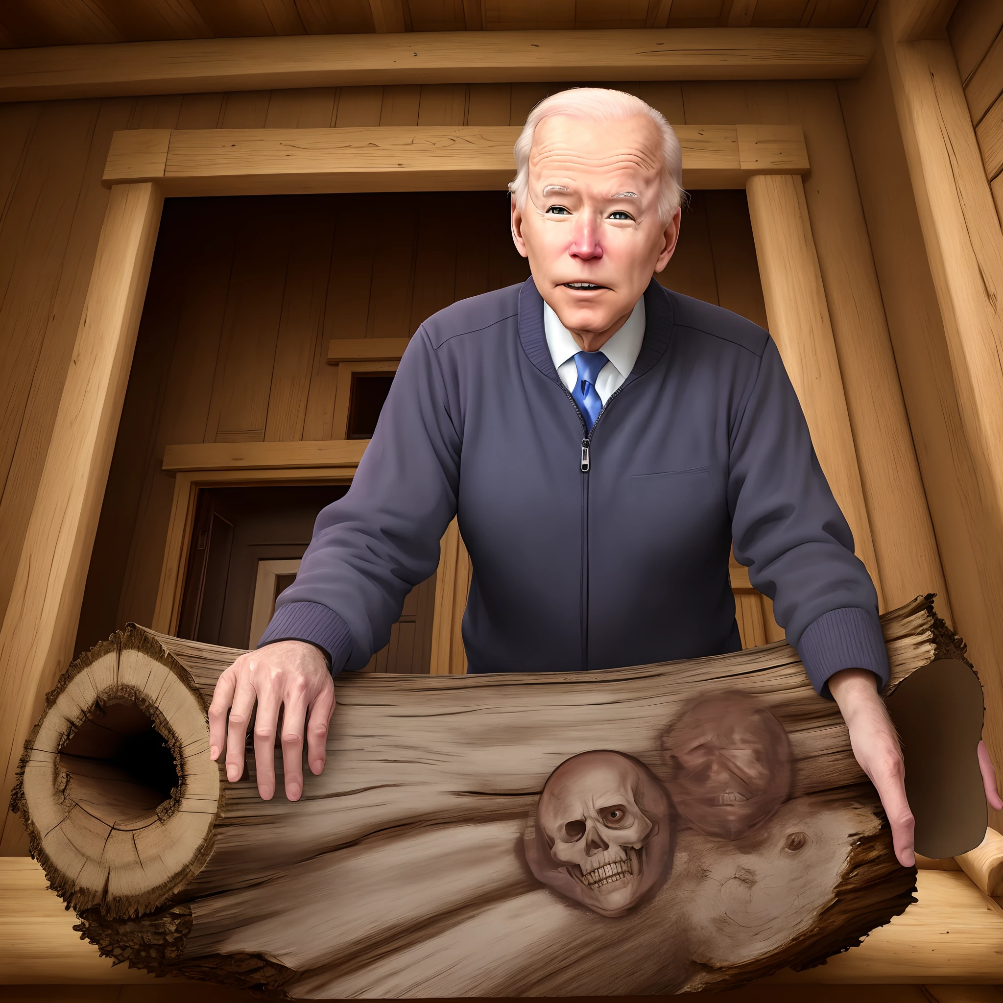 Joe biden in a scary log cabin