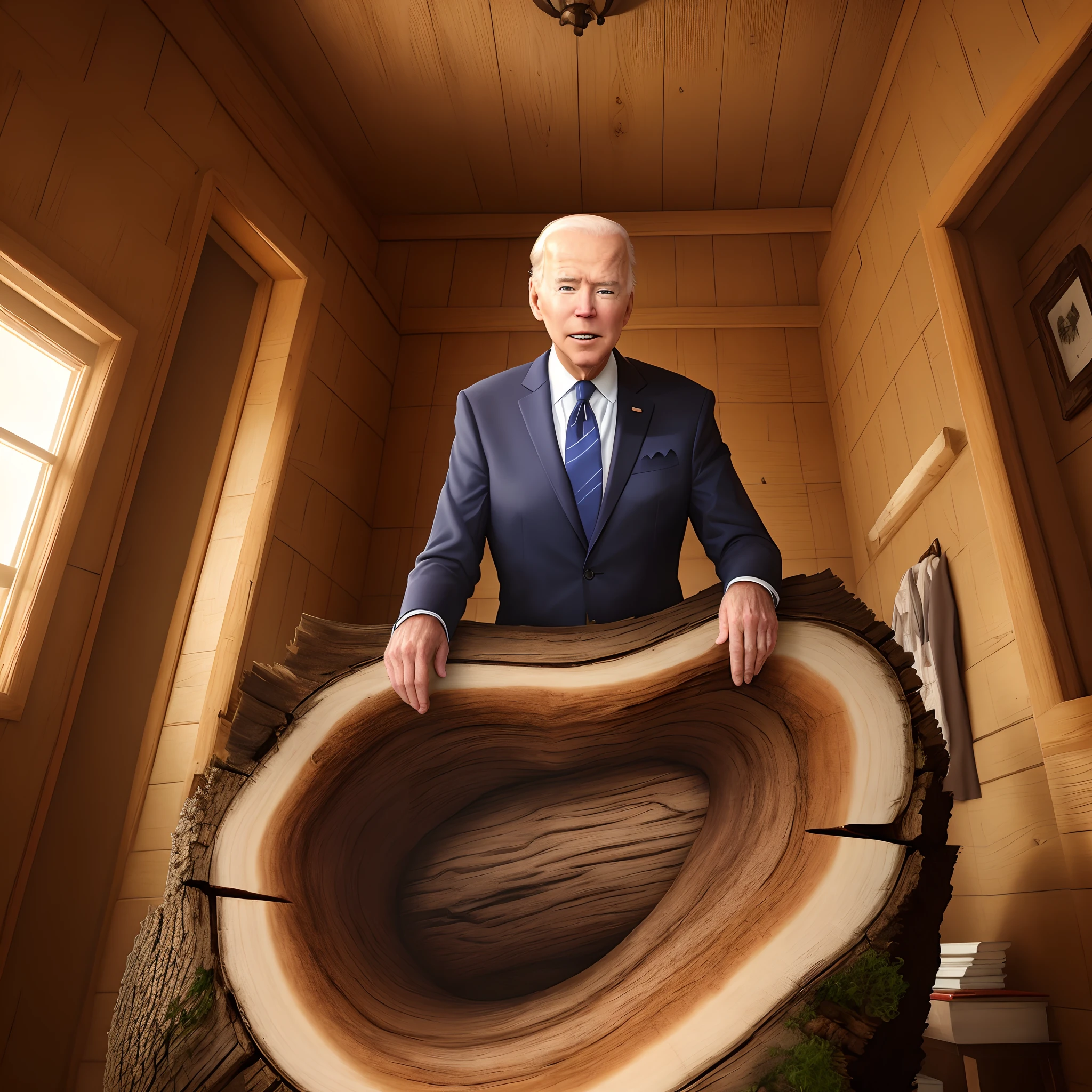 Joe biden in a scary log cabin