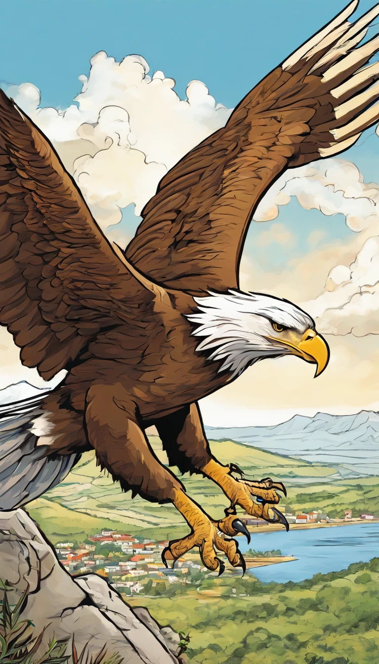 A commercial illustration with a good part in black and white, In the middle of it there is only a black and white eagle highlighted at the top of the hill, bico pequeno, Full-sized neck for its species and very hairy, standing out at the top of the hill due to its beauty. He finds himself alone in a city where only he exists. The eagle has a very fixed gaze. It is located close to the city center in which the houses are light brown in color without much prominence, estilo bem rustico. The top of the hill is portrayed in a natural way, com uma floresta bem abaixo. The image should have a natural style with fine strokes and neutral colors, A touch of manga. The eagle should be depicted in detail, with his expression demonstrating strength and determination in his life. A imagem deve ser em preto e branco com alta qualidade, with a pencil and ink caricature drawing style, com cores neutras e leves. Make sure the eagle is on a hilltop with extremely realistic aspects, but not artificial, symbolizing happiness and hope in the face of life's challenges.", 16k