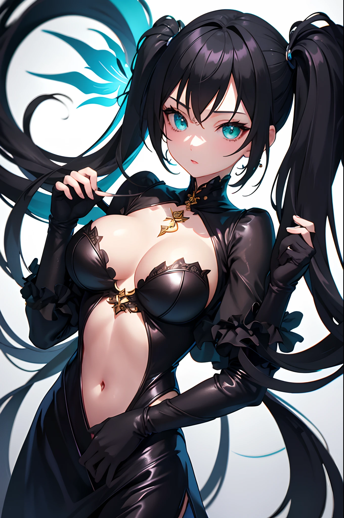 1girl, anime, cute girl, blank background, white background, fantasy, detailed dark fantasy dress with highlights, beautiful face, beautiful eyes, dark colors, black hair, twintails, green eyes, medium breasts, slight cleavage, beautiful skin, cute, breast curtains, extremely delicate and beautiful, (beautiful detailed face:1.0), (detailed deep eyes), symmetrical breasts, deep eyes, shiny skin, portrait, slender waist, hips wider than shoulders, thighs, young girl, expressionless