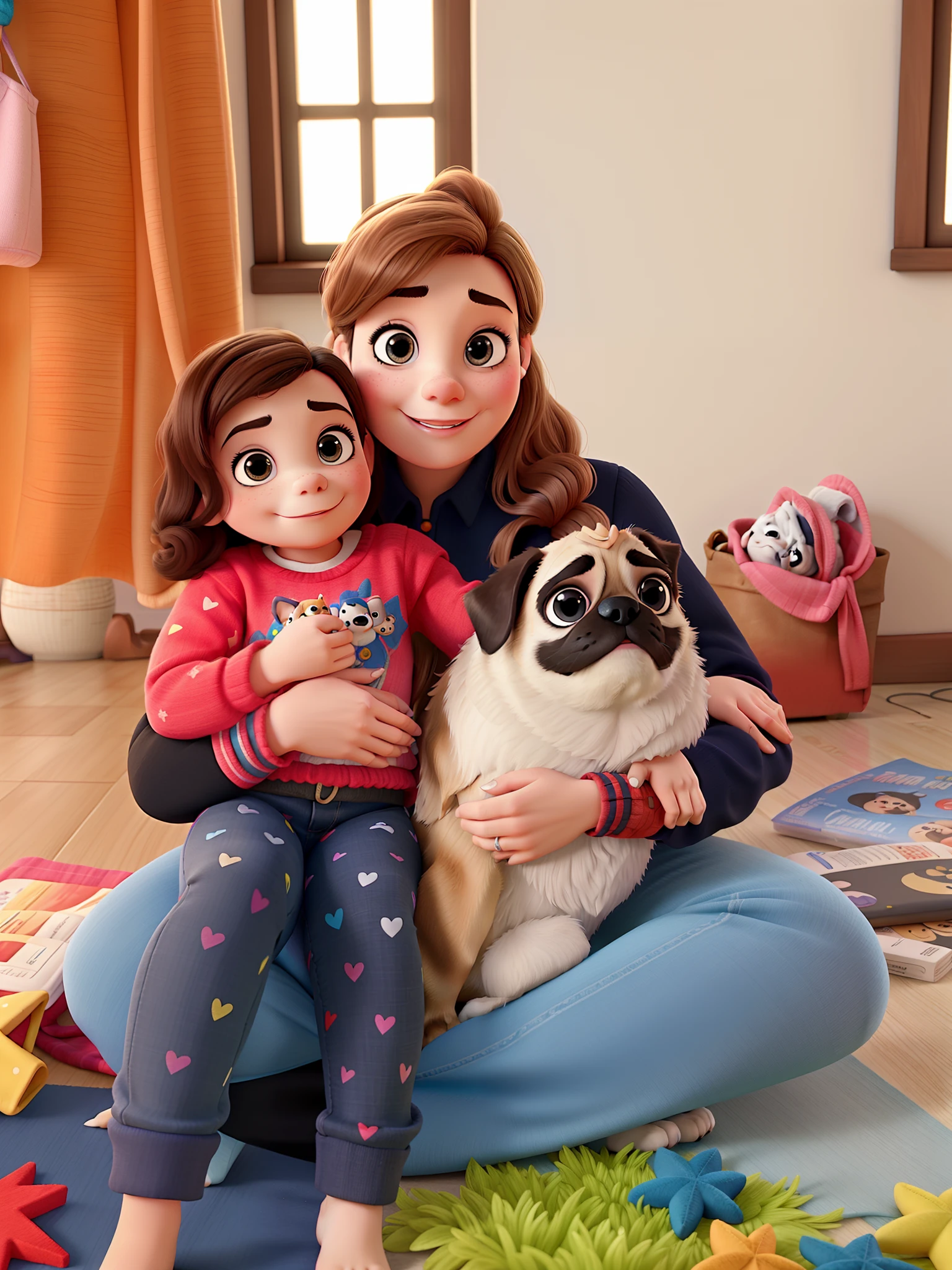 mother and daughter, a pug puppy, estilo Disney pixar, alta qualidade