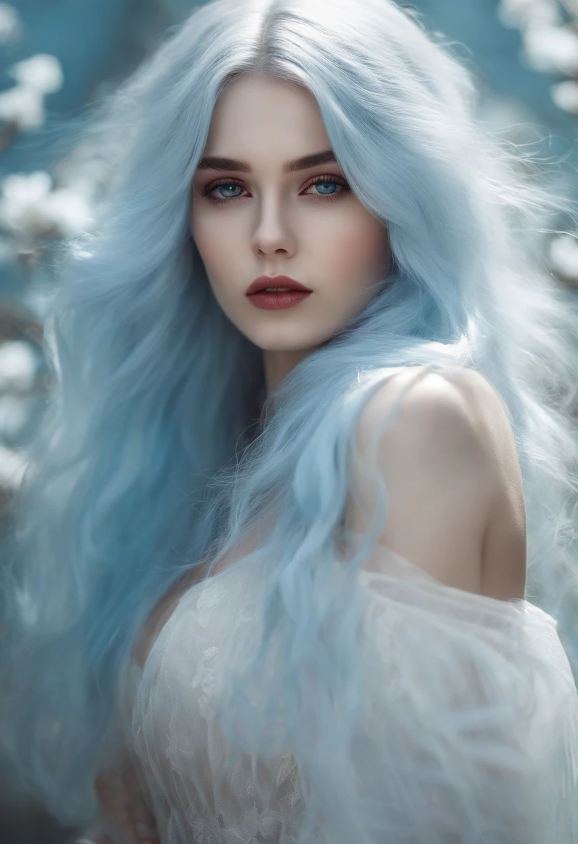 1 girl with long light blue hair, white skirt, close-up of face
